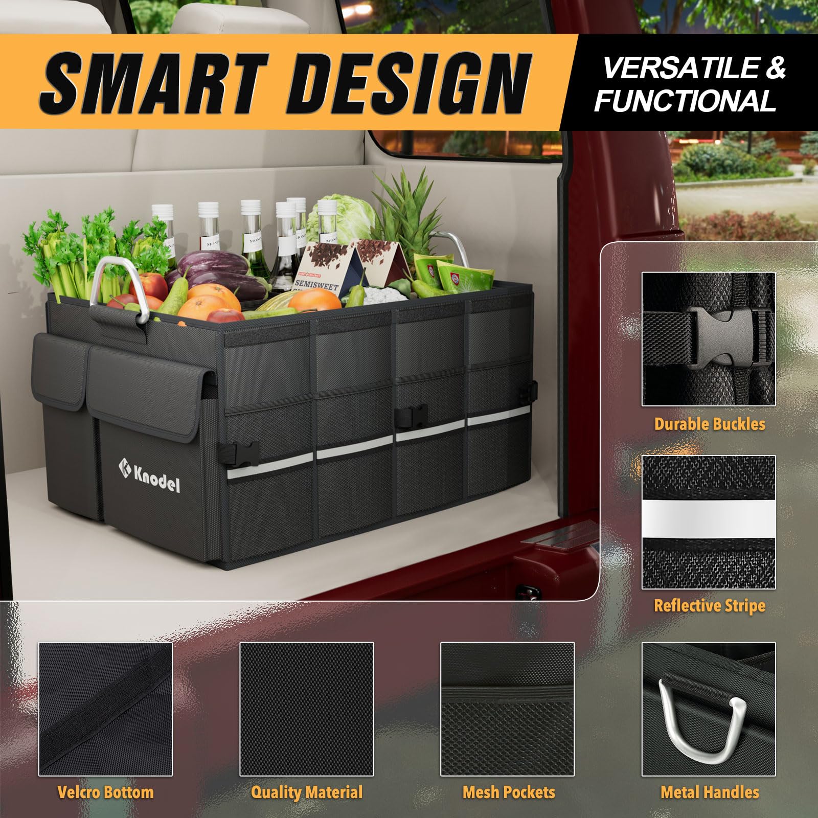 K KNODEL Car Trunk Organizer - Foldable Storage Box for SUVs, Sedans & Trucks | Black Auto Organizer with Multiple Pockets | Perfect for Groceries, Travel Gear & Emergency Supplies