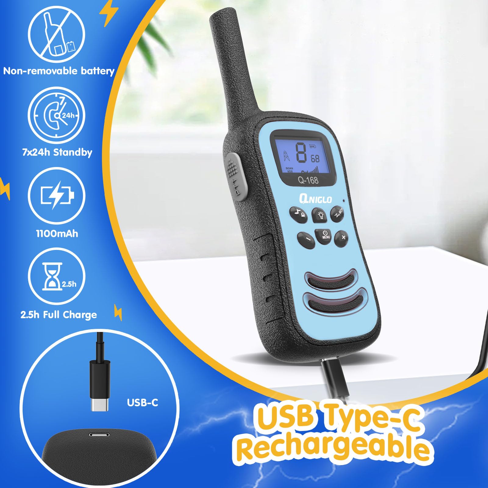QNIGLO Rechargeable Walkie Talkies for Kids - Long Range 2 Way Radios with 22 FRS Channels & LED Flashlight - Best Toys Gift for Boys Girls Ages 3-14 - Perfect for Outdoor Adventures, Camping, Hiking and Family Games
