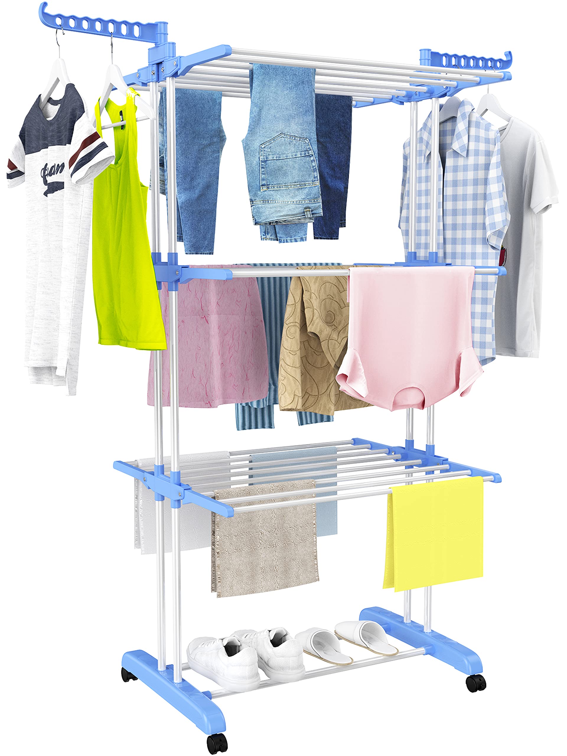 HOMIDEC 4-Tier Foldable Clothes Drying Rack - Large Stainless Steel Laundry Rack with Wheels (67.7