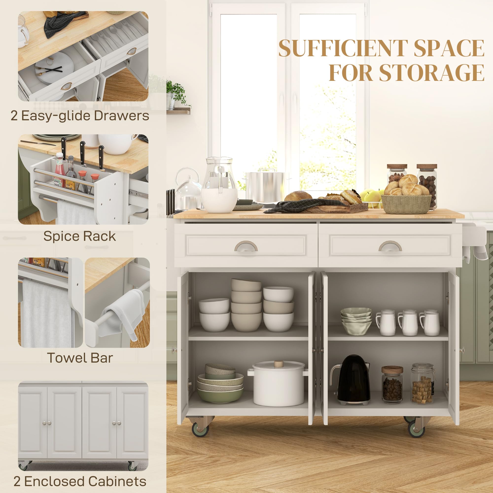 HOMCOM Rolling Kitchen Island Cart with Drop Leaf, 2 Drawers & 2 Cabinets - Mobile Kitchen Cart with Rubber Wood Top for Small Spaces - Cream White Storage Solution for Dining Room, Apartment & Home Cooking
