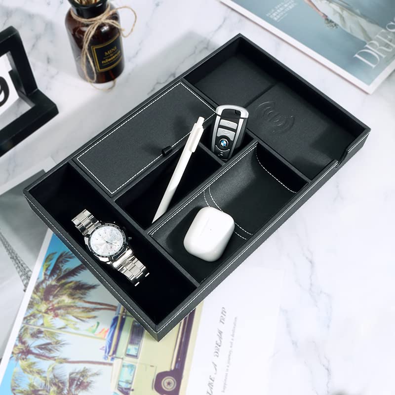 SANZIE Large Leather Tray with Wireless Charger - Nightstand Organizer for Phone, Wallet, Keys, Jewelry | Premium Black Leather Desktop Organizer for Bedroom, Office & Travel Accessories Storage