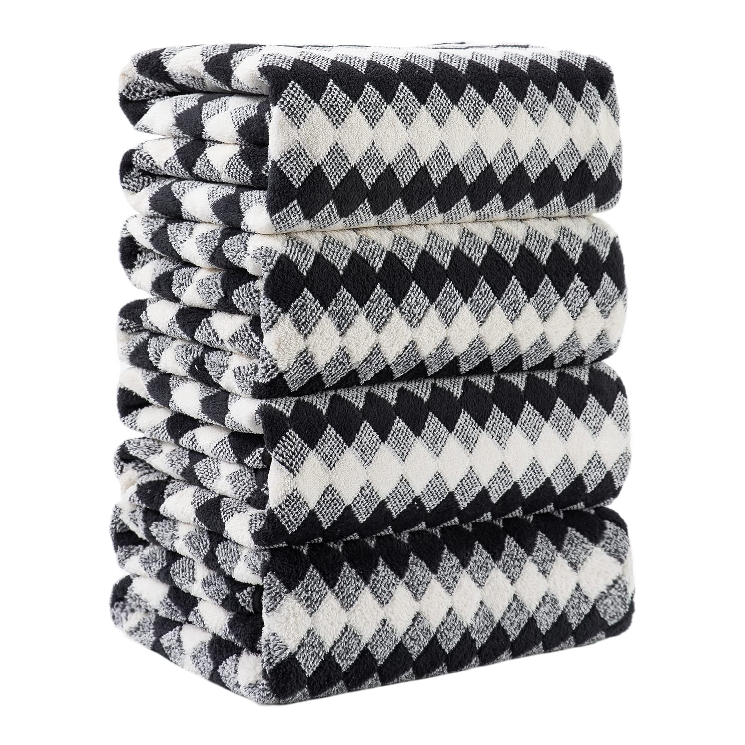 Premium Black Bath Towels Set of 4 - 35x70 Inch Large Quick Dry Microfiber Towels - 600 GSM Ultra Soft & Absorbent Diamond Pattern Bath Sheets for Adults - Perfect for Bathroom, Spa, Gym & Luxury Home Use