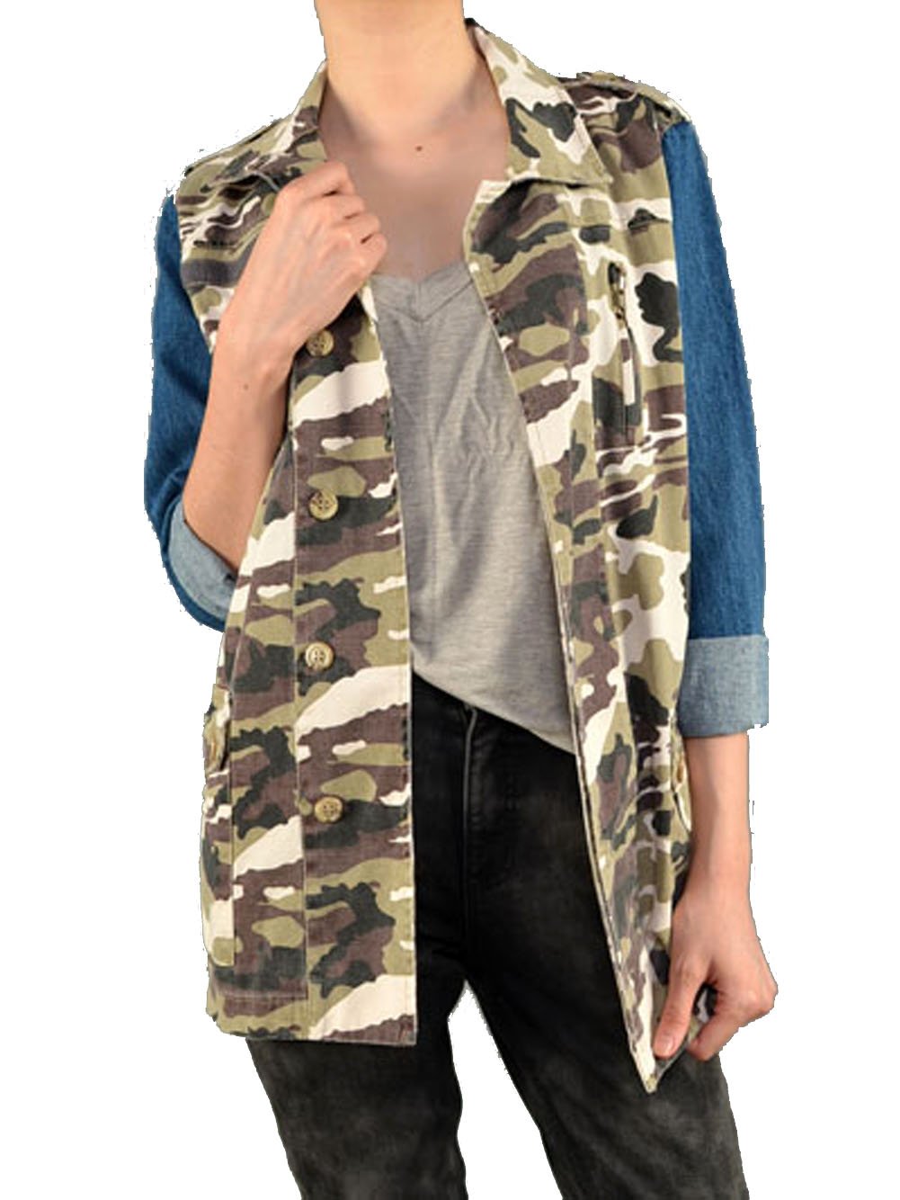 Vintage Military Jacket for Women with Denim Sleeves - Stylish Army Green Coat for Casual Outfits & Outdoor Adventures | Perfect for Fall Fashion, Streetwear & Layering