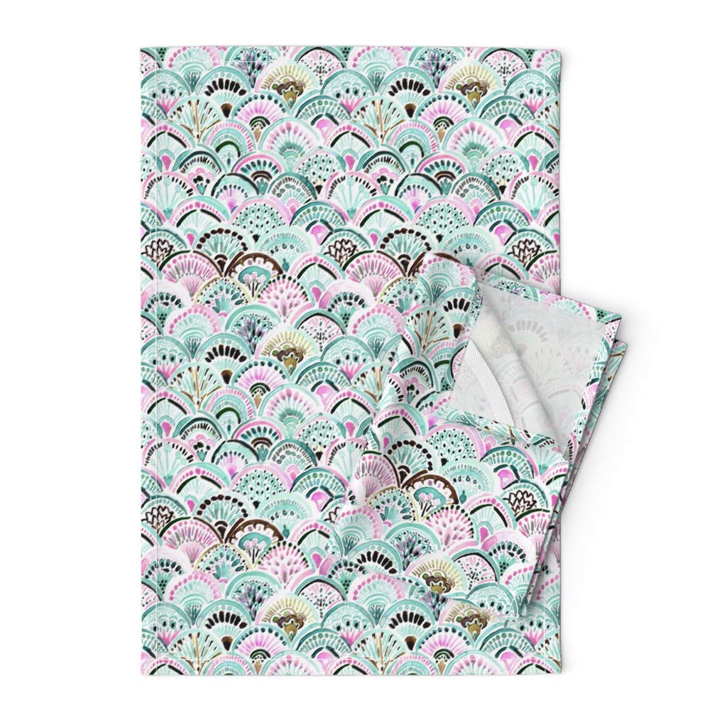 Boho Mermaid Mint Pink Watercolor Printed Tea Towel - Linen Cotton Canvas Kitchen Towel for Decor, Dish Drying & Gift Giving