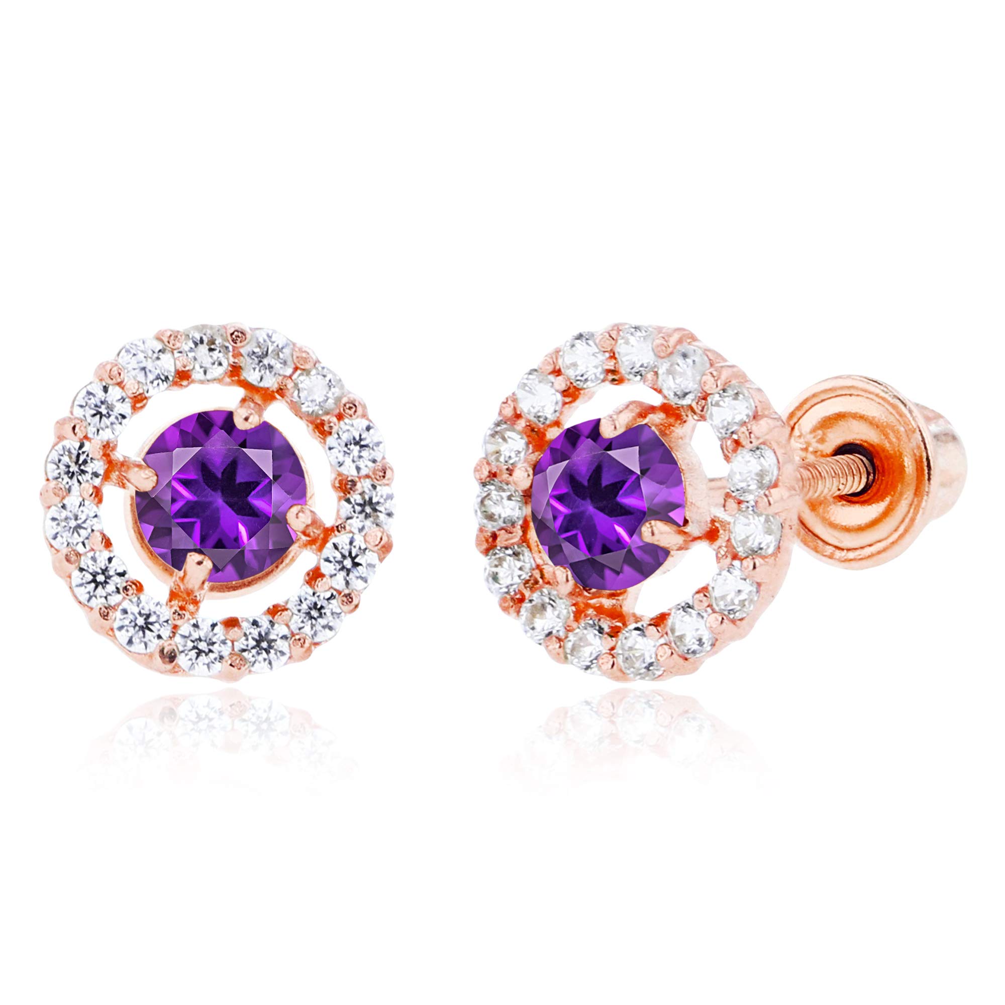 14K Solid Gold 6mm Halo Birthstone Stud Earrings for Women | Screw Back Closure | 3mm Round Natural Birthstone with 1mm White Sapphire Halo | Perfect for Birthdays, Anniversaries & Special Occasions