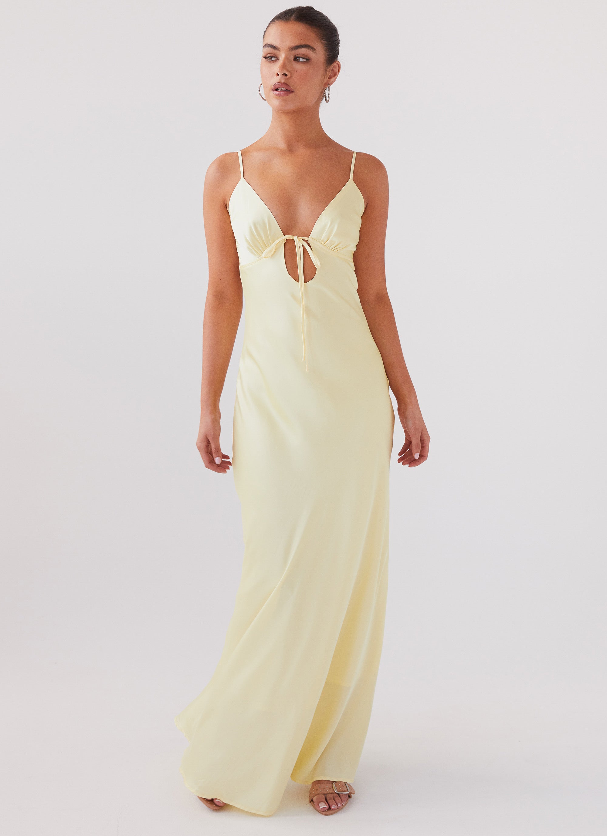 Flora Satin Maxi Dress - Elegant Lemon Print Summer Dress for Women | Perfect for Beach Vacations, Weddings & Date Nights