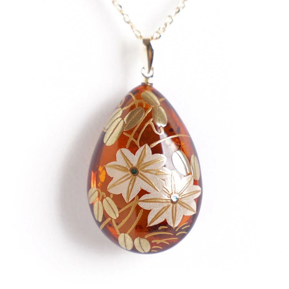 Handcrafted Maki-e Urushi Lacquer Pendant Necklace - Amber & Clematis Design | Traditional Japanese Jewelry | Perfect for Formal Occasions & Cultural Events