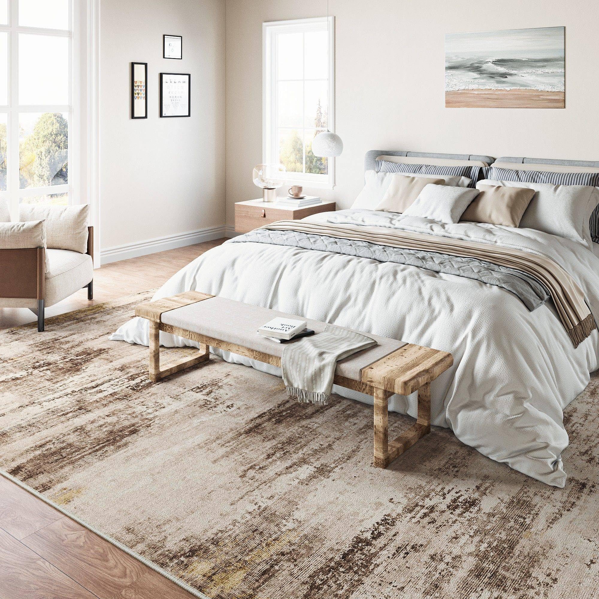 Modern Abstract 5x7 Brown Washable Area Rug - Non Slip Low Pile Neutral Throw Carpet for Living Room, Bedroom, Dining Room & Office - Perfect for Home Decor, Accent Flooring and Cozy Spaces