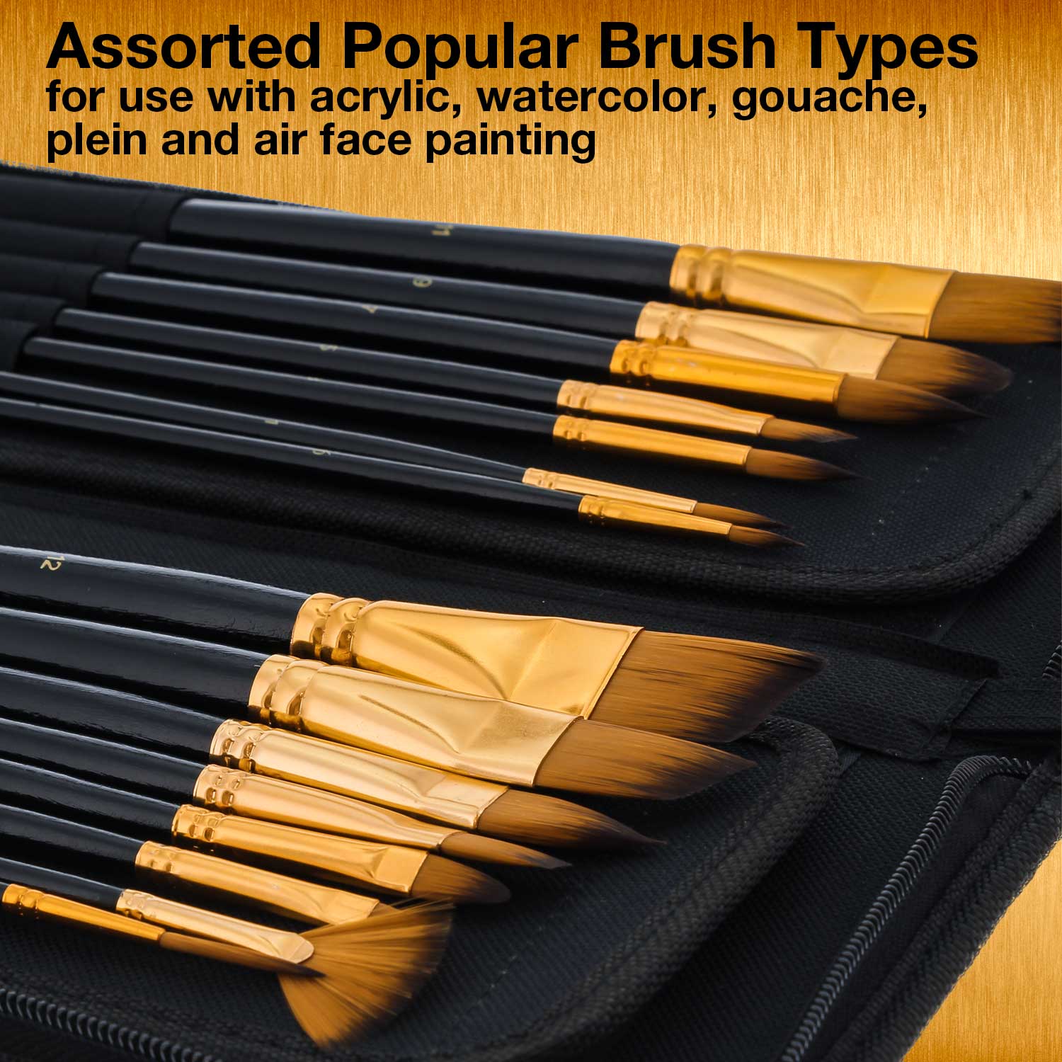 15 Piece Artist Long Handle Paint Brush Set - Professional Acrylic Oil Watercolor Brushes in Zippered Nylon Travel Case - Perfect for Studio, Outdoor Sketching & Art Classes