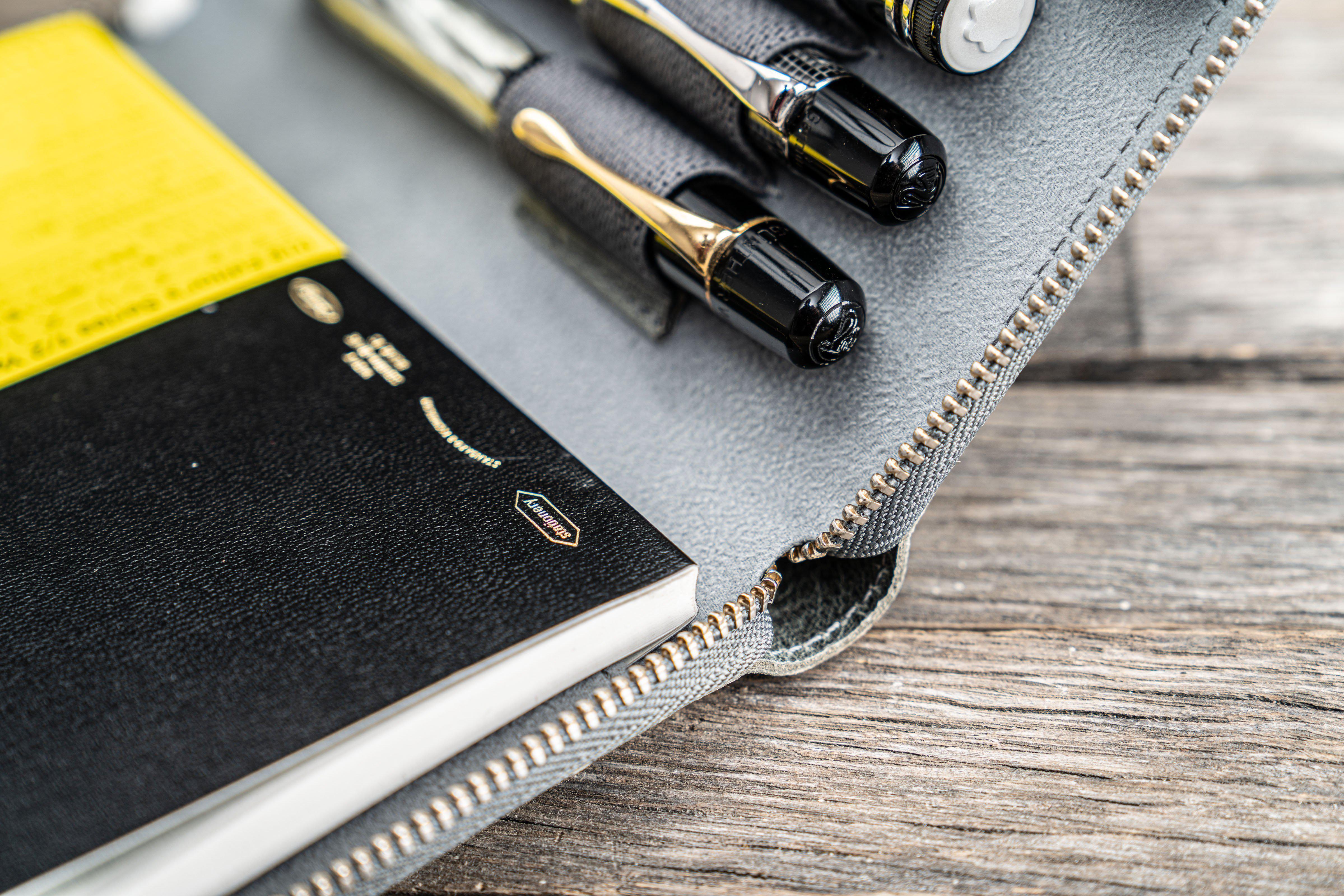 Genuine Crazy Horse Leather Pen Case with 5 Slots & Zipper Closure - Premium Smoky Brown Writing Accessories Organizer for Office, School & Travel