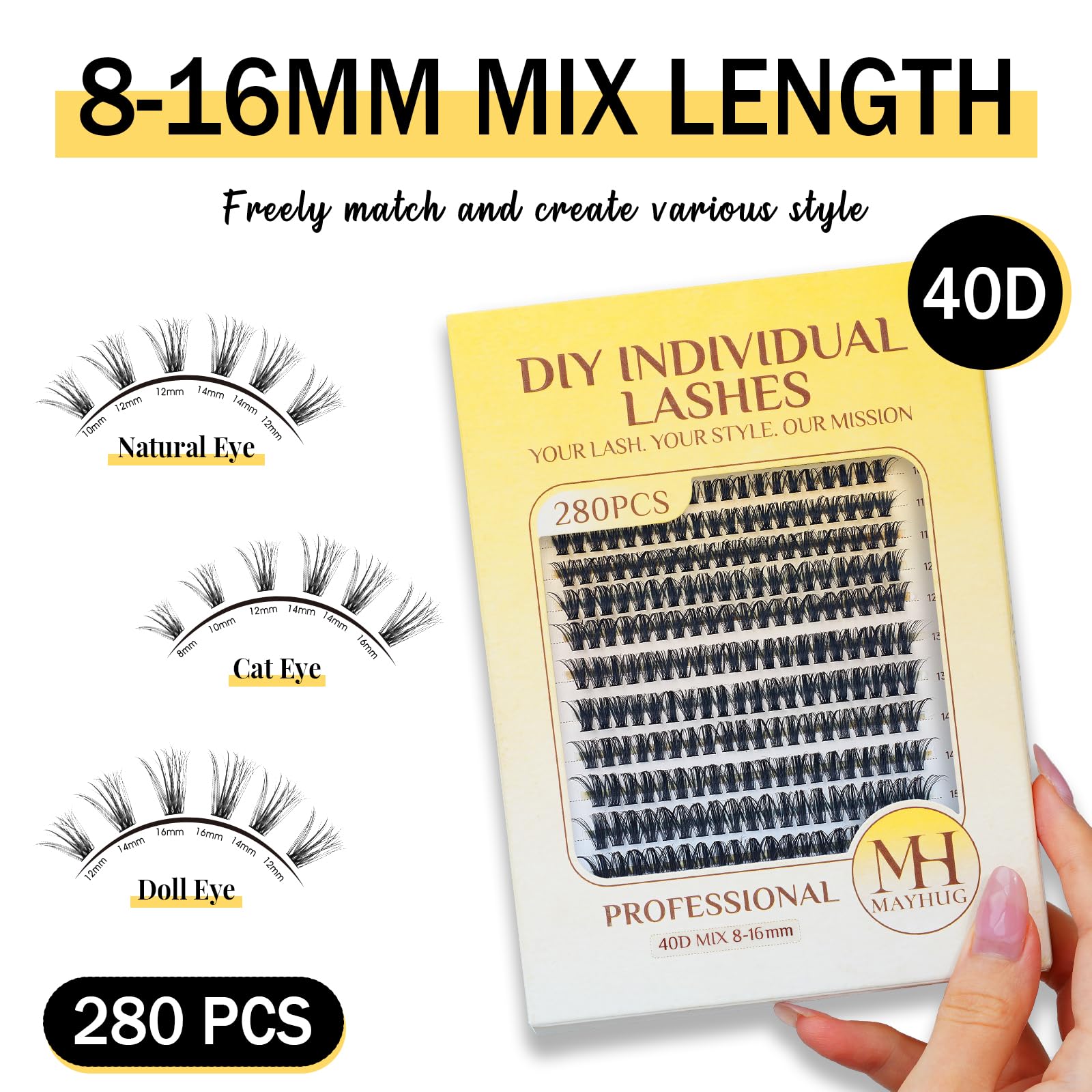 280Pcs Individual False Eyelashes Clusters - 40D-0.07D-8-16MIX, Reusable Lash Wisps for Natural Eyelash Extensions Look at Home, D Curl (40D, 0.05D, 8-16MIX) - Perfect for Daily Wear, Special Occasions & DIY Beauty