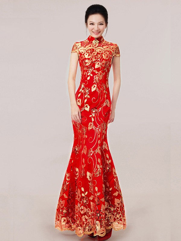 Elegant Red Full-Length Sequined Mermaid Cheongsam Qipao Wedding Dress - Perfect for Bridal Gowns, Evening Galas, and Chinese New Year Celebrations