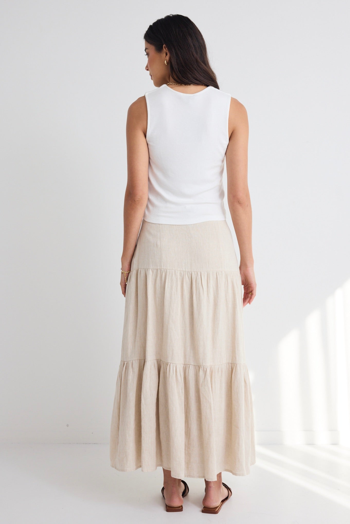 Blazing Sand Tiered Linen Midi Skirt - Women's Summer Boho Beach Skirt with Pockets | Perfect for Vacations, Music Festivals & Casual Outings