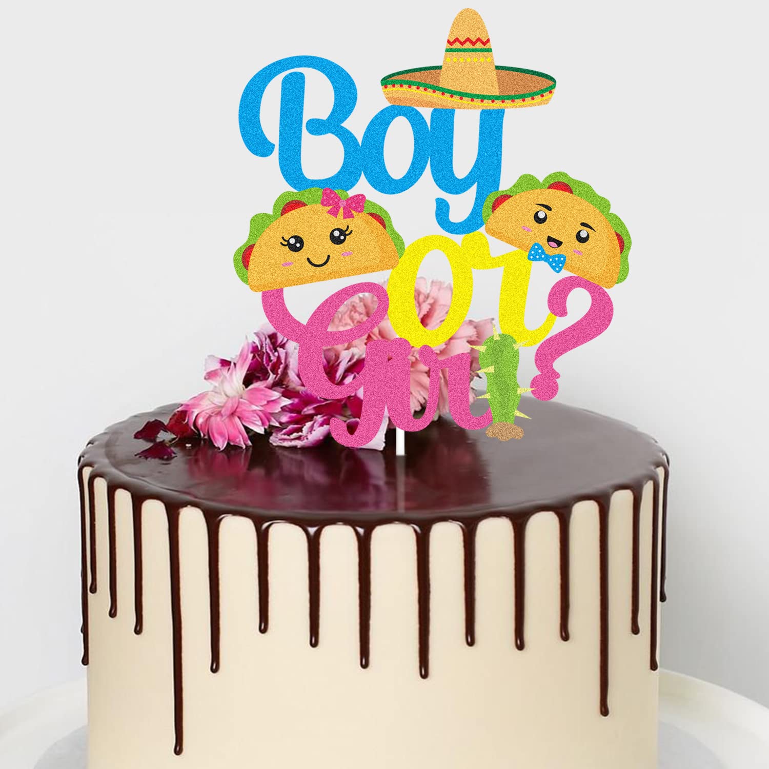 Fiesta Taco Gender Reveal Cake Topper - Glitter Cute Baby Boy or Girl Birthday Party Decoration - Pink & Blue Baby Shower Supplies for Gender Reveal Parties, Birthdays & Celebrations