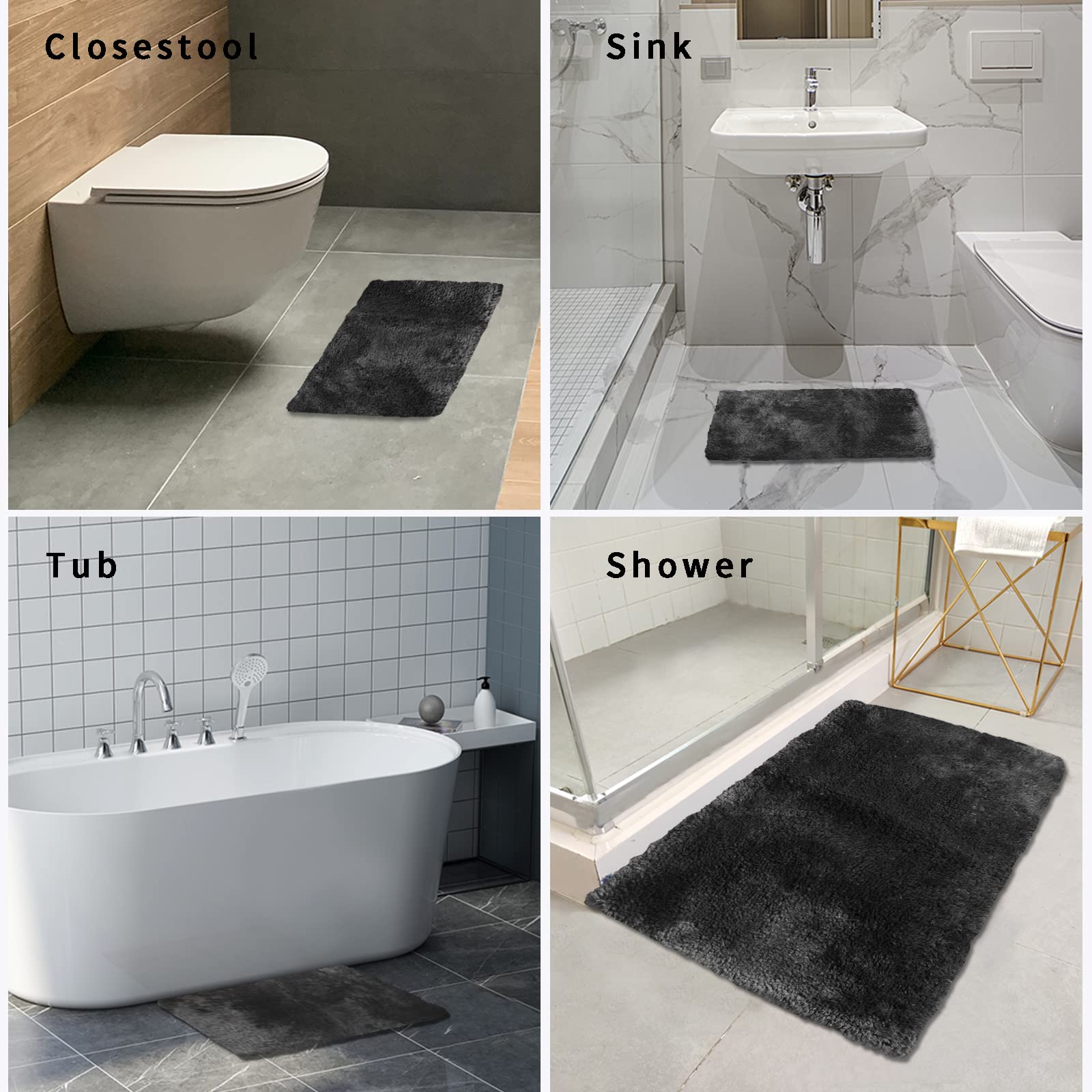 FIFU Non-Slip Bath Rug Mat 17x24 Inches - Ultra Soft Absorbent Microfiber Carpet with Rubber Latex Backing for Bathroom, Bedroom, Laundry & Kitchen - Machine Washable Black Bath Mat (Perfect for Wet Floors & Cozy Home Decor)