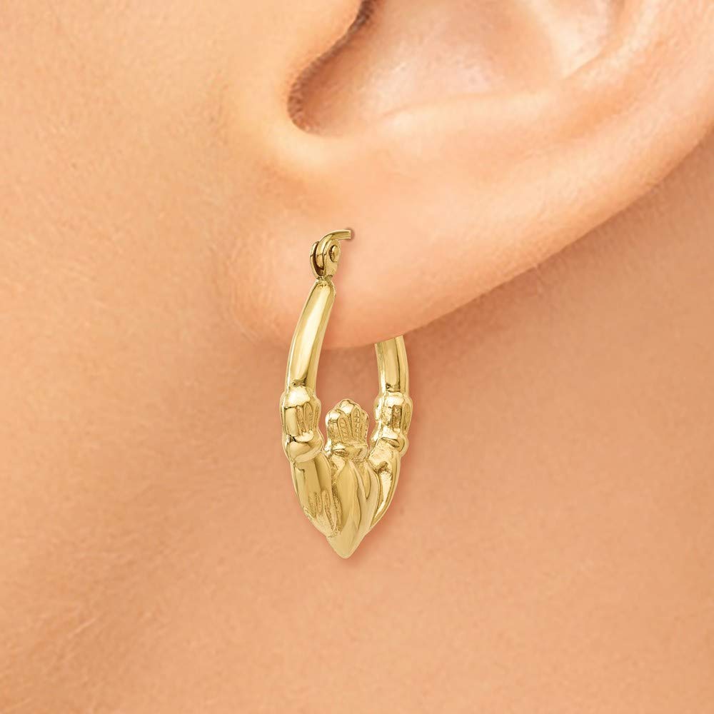 14K Yellow Gold Polished Claddagh Hoop Earrings - 12mm Length - Irish Celtic Love Friendship Loyalty Jewelry - Perfect for Weddings, Anniversaries & Gifts