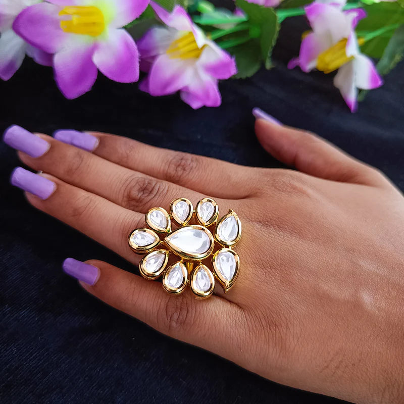 Exquisite Gold Plated Royal Kundan & Ruby Beaded Ring (Design 105) - Elegant Jewelry for Weddings, Parties & Special Occasions