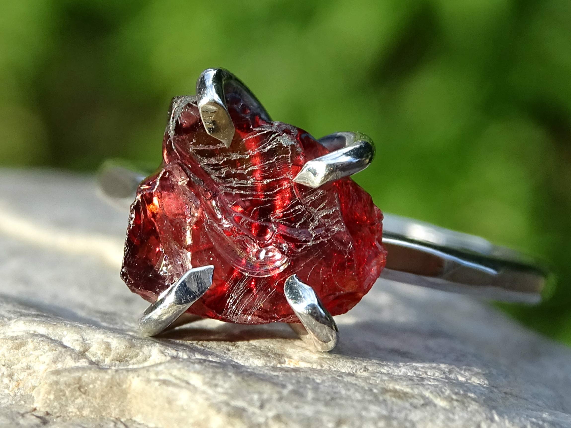 Natural Raw Garnet Silver Ring | Organic Stone Stacking Ring | Raw Crystal Jewelry | Unique Silver Engagement Ring for Women | Perfect Gift for Her - Boho Wedding, Everyday Wear, Anniversary Present