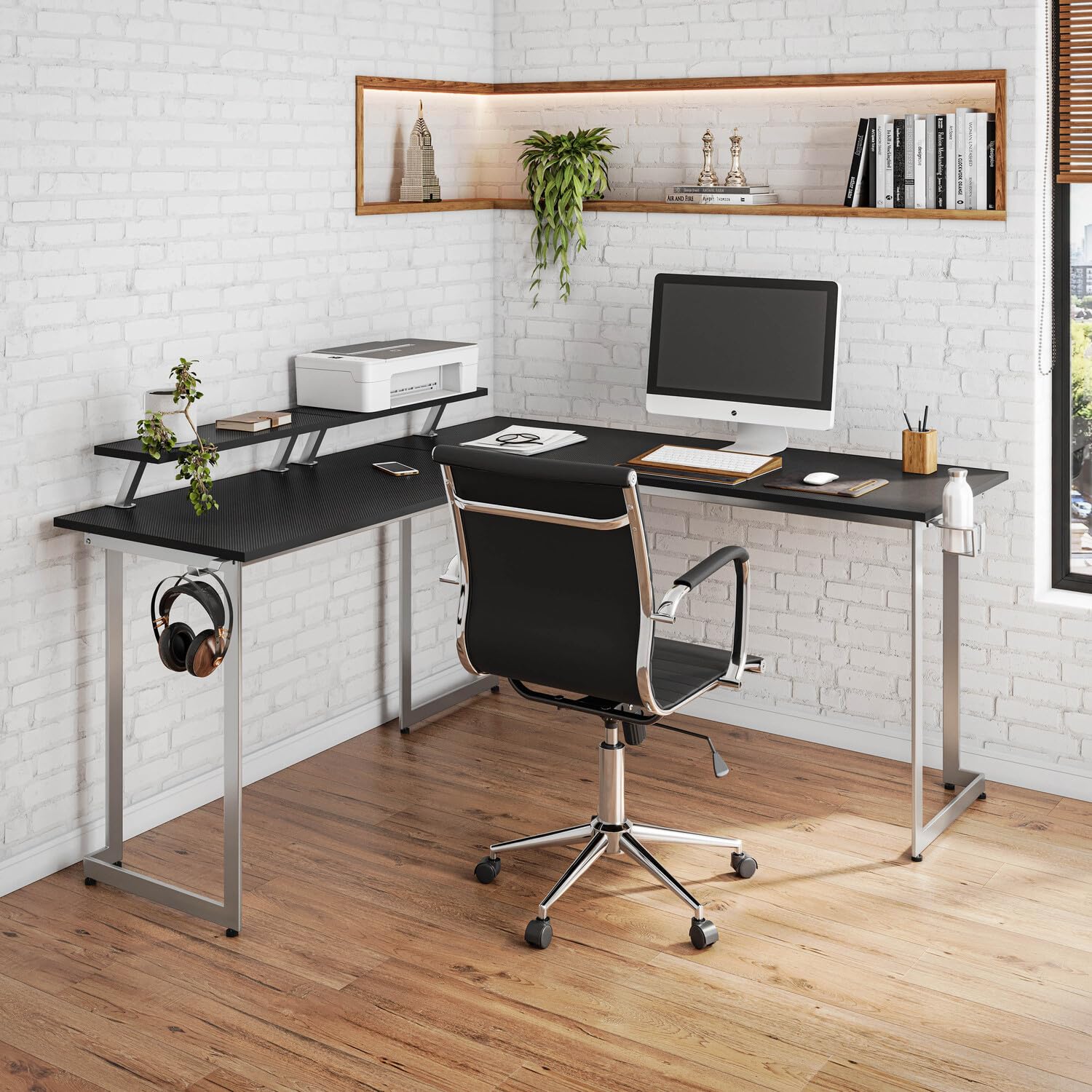 Warrior L-Shaped Gaming Desk - Black MDF Top & Steel Frame for Home Office