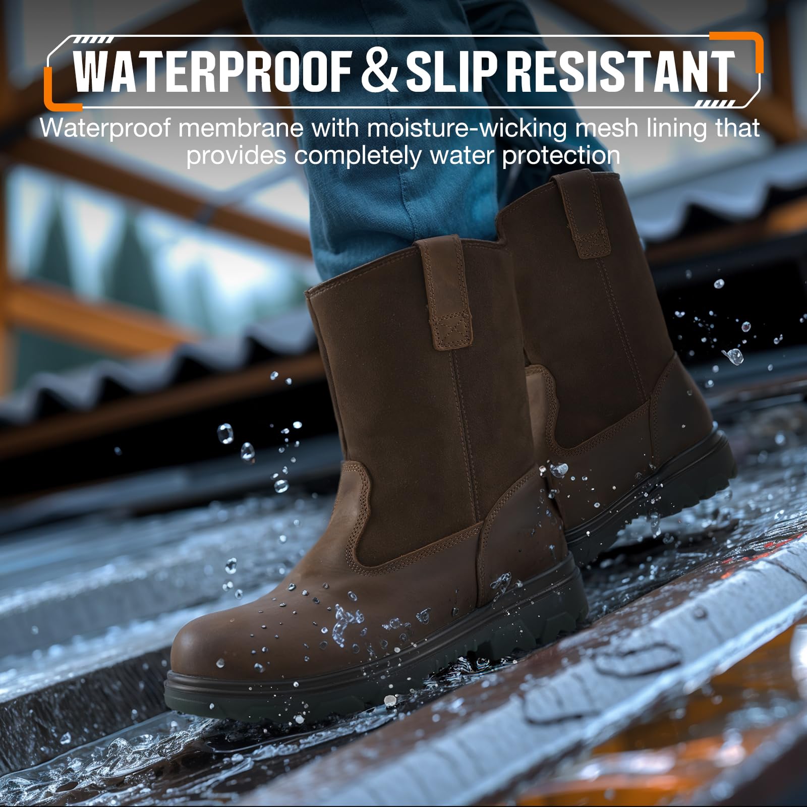 NINGO Steel Toe Work Boots for Men & Women - Waterproof Safety Boots with Full Grain Leather, Oil & Slip Resistant, High Rebound TPU SR Outsole - Ideal for Construction, Farming, Warehouse & Outdoor Work