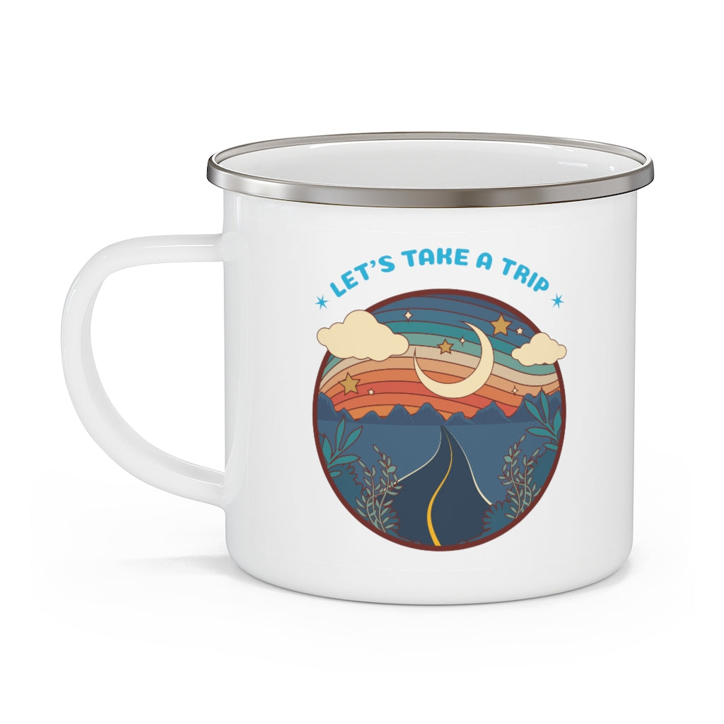 Camping Mug with Adventure Graphic - Insulated Enamel Travel Coffee & Tea Cup for Outdoor Hiking, Backpacking, and Road Trips - Perfect Gift for Campers and Travel Lovers