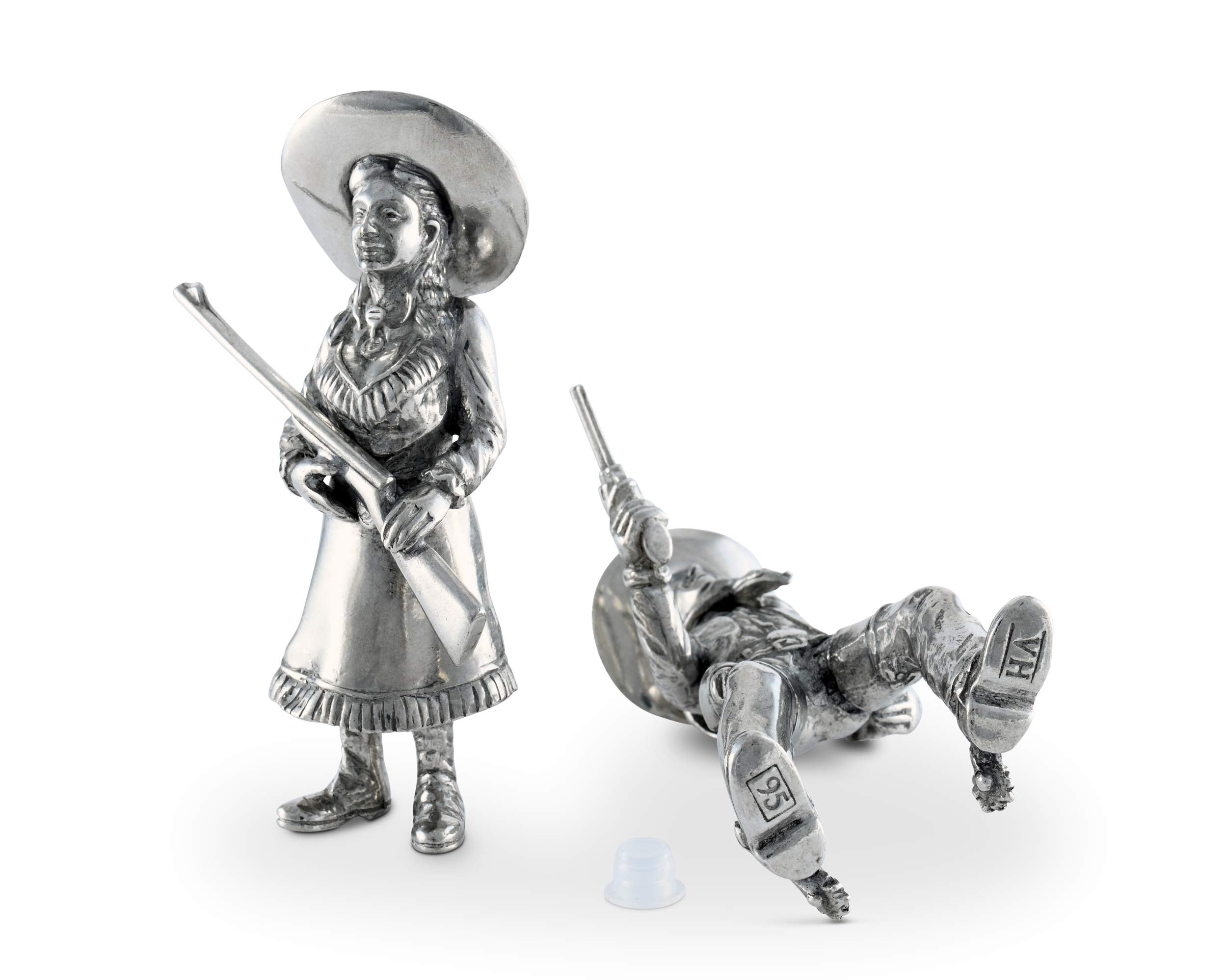 Vagabond House Pewter Cowboy & Cowgirl Salt and Pepper Shaker Set - 5 Inch Tall Western-Themed Kitchen Decor for Ranch, BBQ, and Country Style Dining