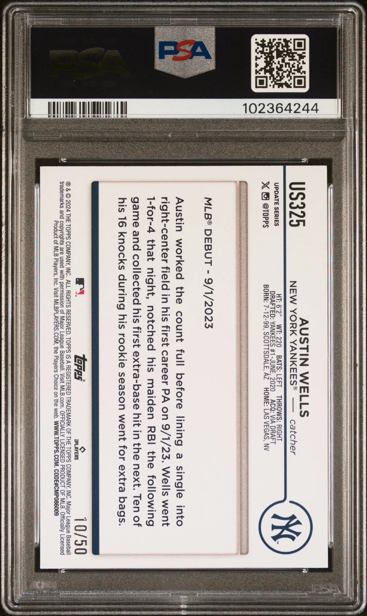 2024 Topps Update Baseball Austin Wells Rookie Card Yellow Crackle Foil Board PSA 10 Gem Mint Limited to 50 - Perfect for Collectors, Investors & Baseball Fans Display