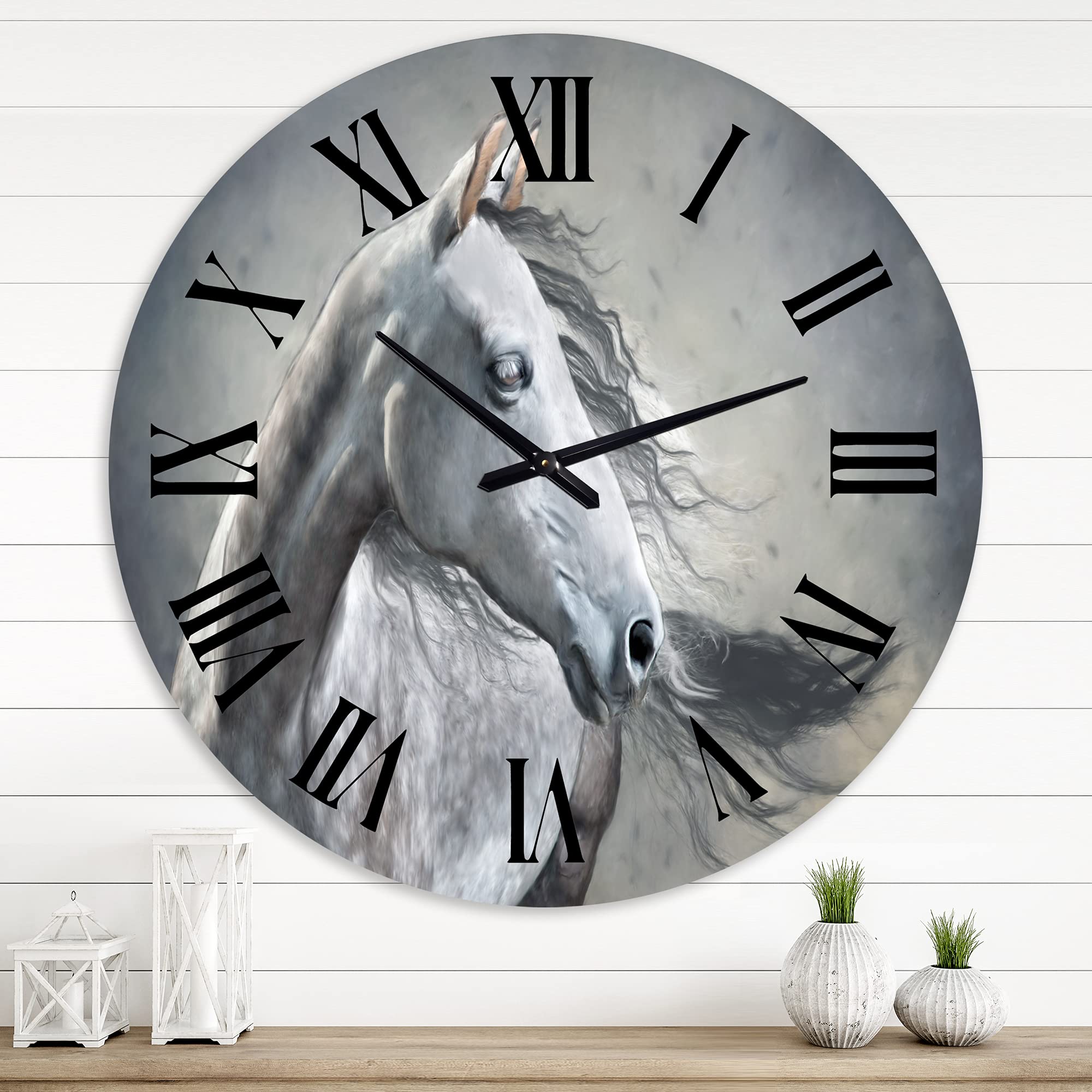 Farmhouse Wall Clock - Monochrome Wild Horse Portrait, Large Animal Wall Decor for Living Room, Bedroom & Office | Rustic Home Decor