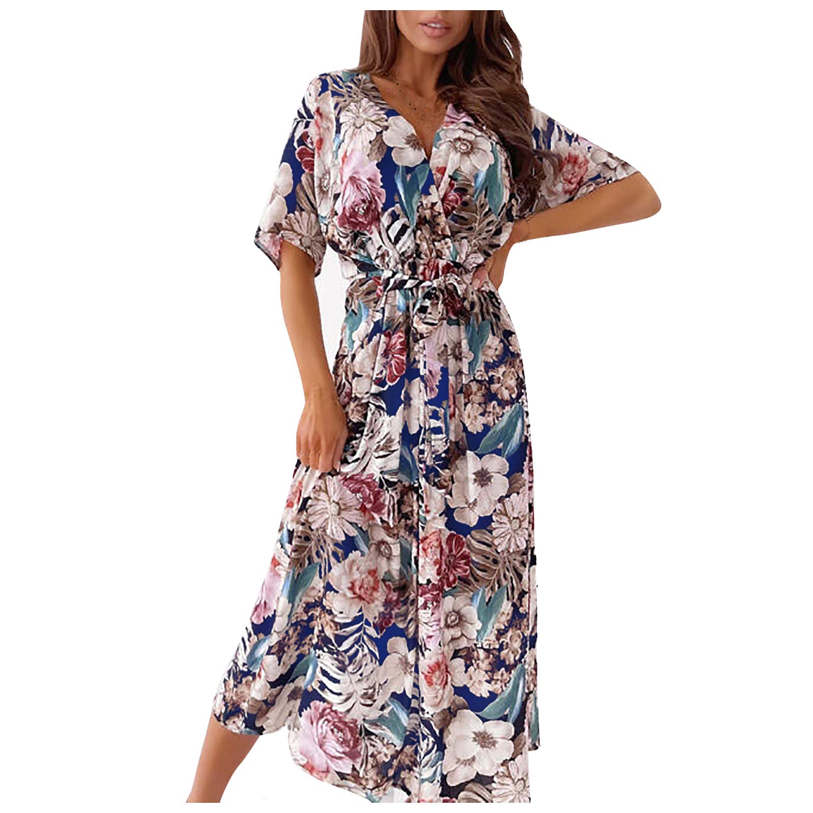 Women's Summer Floral Sun Dress - Short Sleeve V-Neck A-Line Midi Dress with High Waist & Flowy Swing Skirt | Perfect for Beach Vacations, Garden Parties & Casual Outings