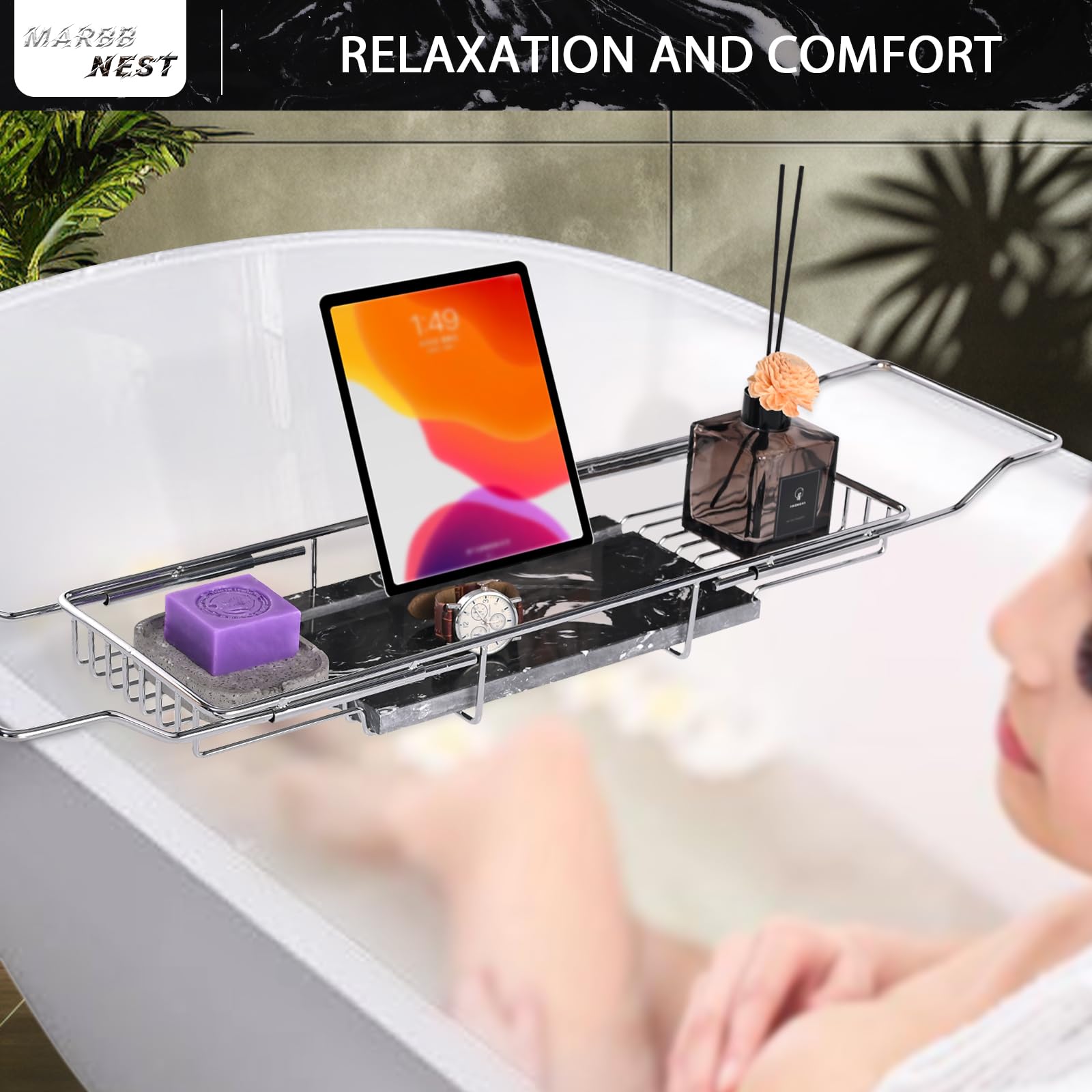 Luxury Expandable Bathtub Tray Caddy with Natural Marble Top & Tablet Stand - Extra Wide Bath Tray for Spa Relaxation, Reading & Wine - Chrome & Black Finish for Home Bathroom Essentials
