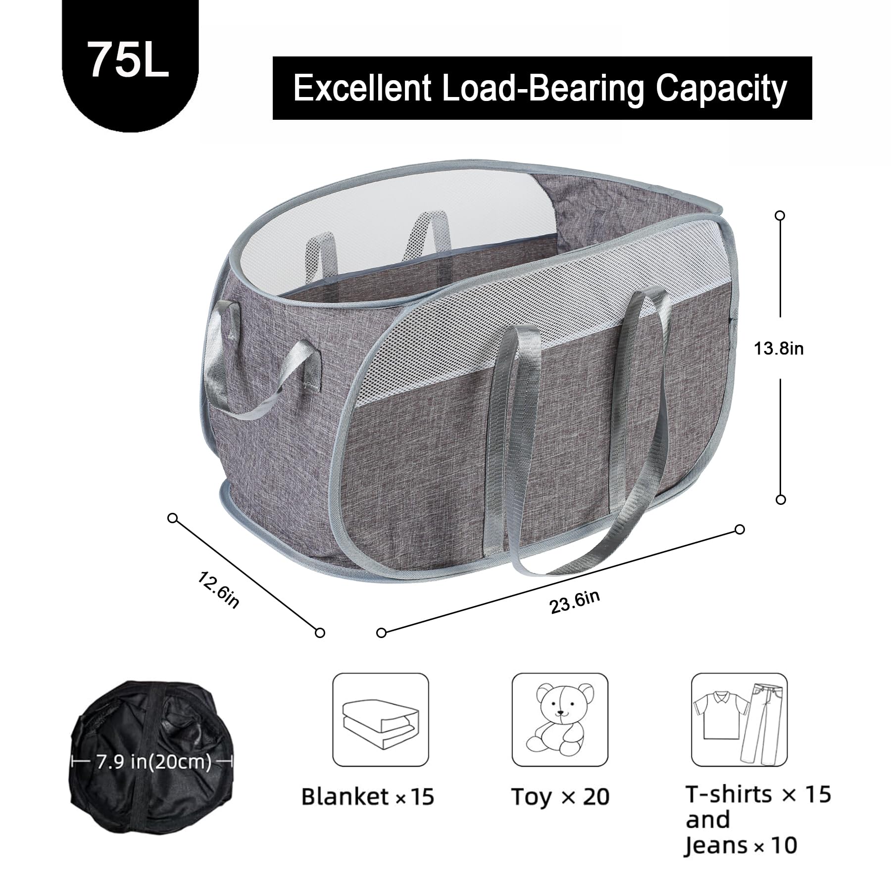 Collapsible Laundry Basket with Reinforced Handles - Foldable Pop Up Hamper for Laundry Room, Bathroom & Travel - Lightweight Storage Solution for Clothes, Toys & Organizing (Gray) - Perfect for Small Spaces, College Dorms & Camping Trips