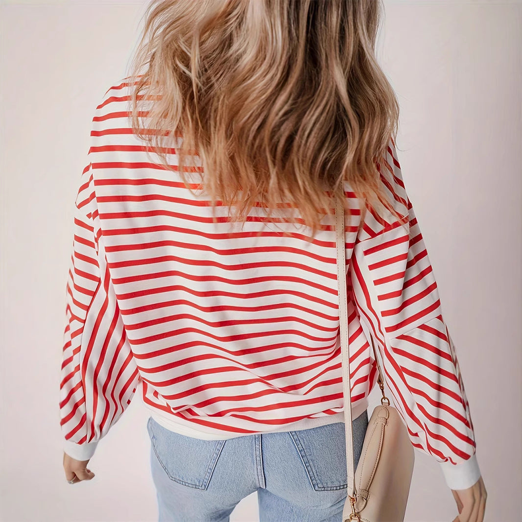 Full Size Striped Round Neck Long Sleeve Sweatshirt - Plus Size Women's Casual Pullover for Fall & Winter | Cozy Lounge Wear, Street Style Fashion