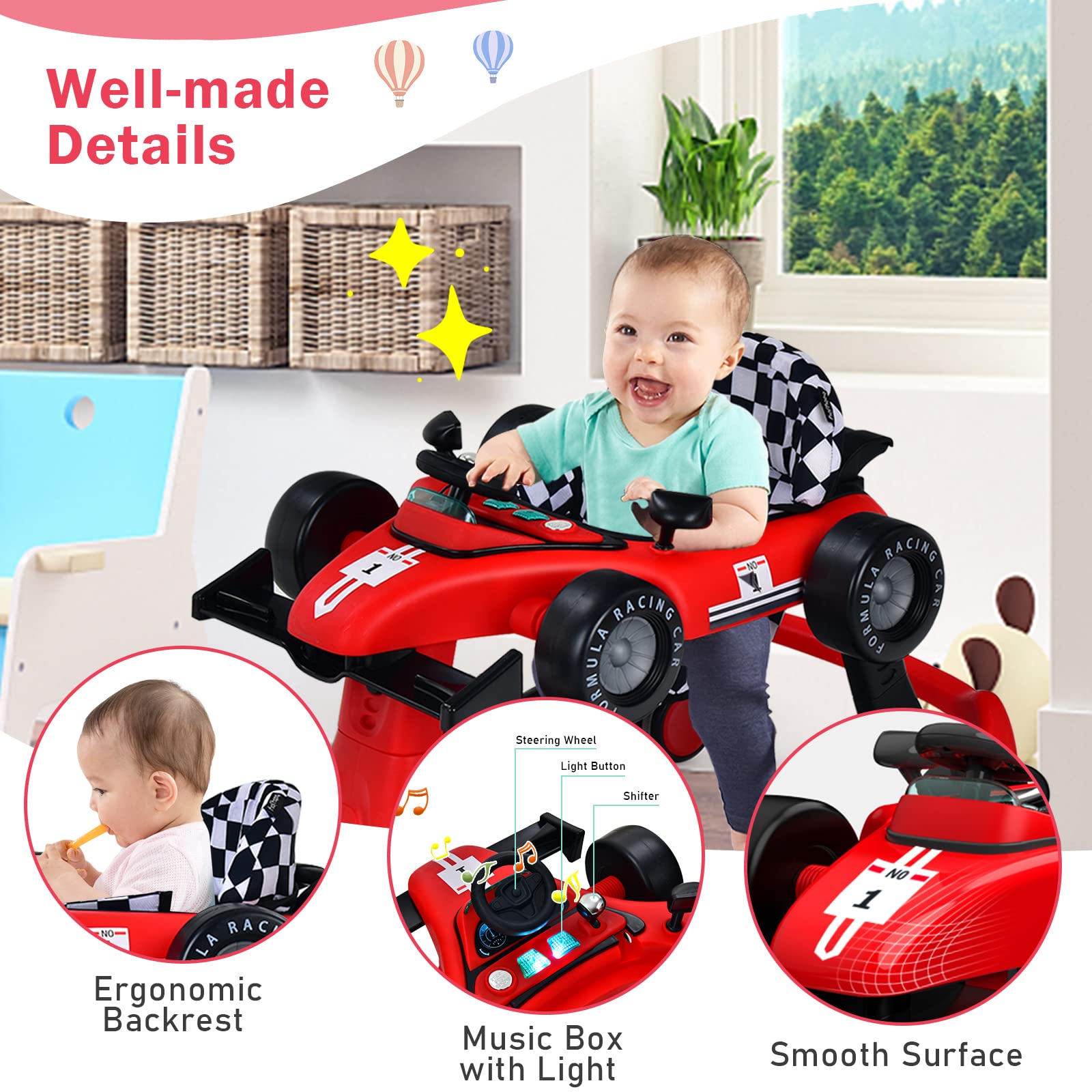 BABY JOY 4-in-1 Foldable Baby Activity Walker with Adjustable Height & Speed - Musical Light-Up Push Walker Toy with Anti-Rollover Wheels for Toddlers 6-18 Months (Red) | Perfect for Learning to Walk, Indoor Play & Early Development
