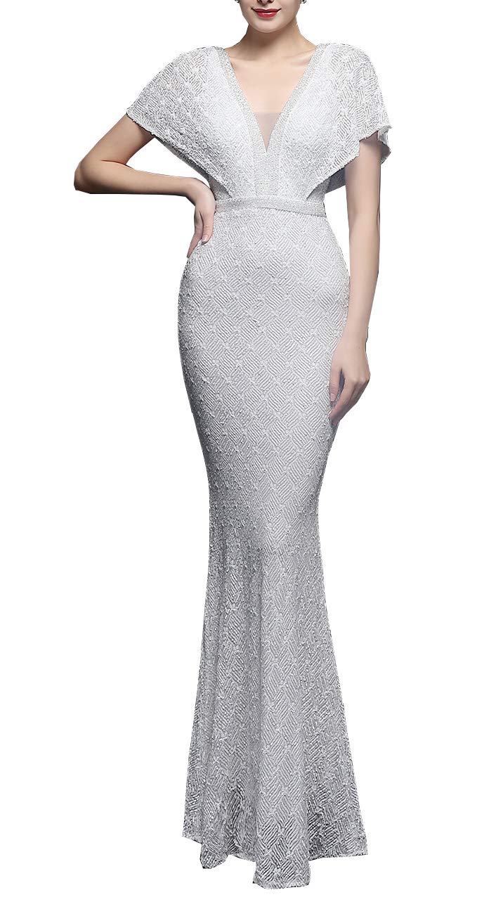 Elegant Women's Double V-Neck Sequined Mermaid Evening Gown with Long Sleeves - Perfect for Prom, Gala, Wedding Guest & Formal Events