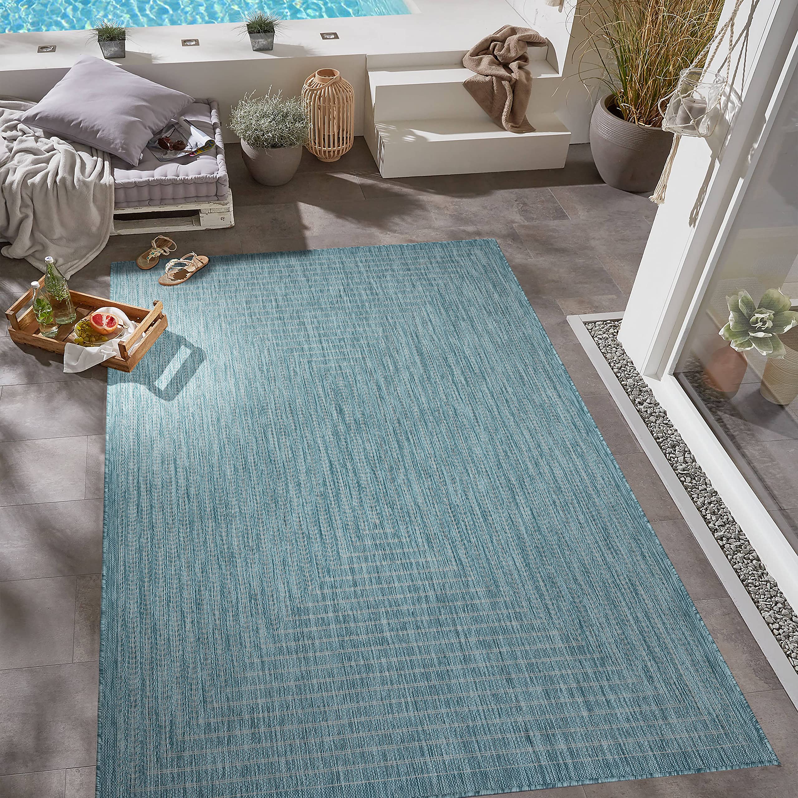Adiva Rugs 5' x 7' Indoor Outdoor Area Rug - Waterproof, Stain & Weather Resistant, Easy Clean Floor Mat for Dining Room, Backyard, Deck, Patio - Perfect for Outdoor Entertaining & High Traffic Areas (Aqua Weiss)