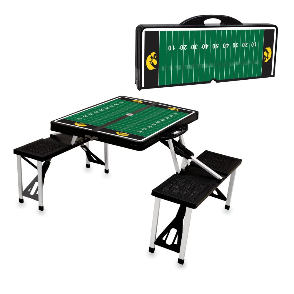 PICNIC TIME NCAA Iowa Hawkeyes Football Field Folding Picnic Table - Portable Camping Table with Umbrella Hole - Outdoor Dining & Tailgating Table (Black) - Perfect for Backyard BBQs, Beach Parties & Game Day Gatherings
