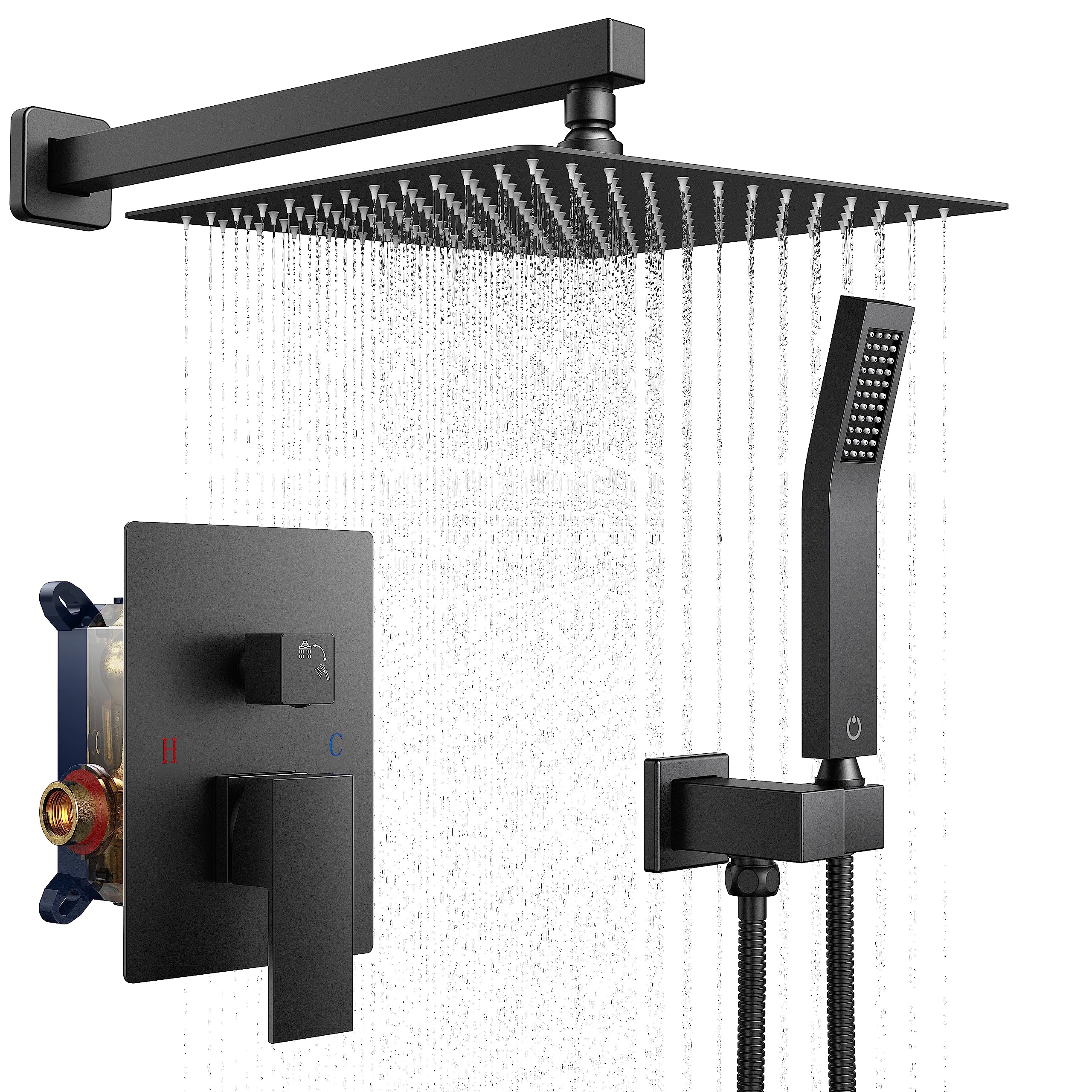 FORIOUS Black Shower Faucet Set - 10 Inch Rainfall Shower Head & Handheld Spray Combo, Wall Mount Bathroom Shower System with Pressure Balanced Valve - Perfect for Modern Bathroom Renovation & Spa-Like Experience