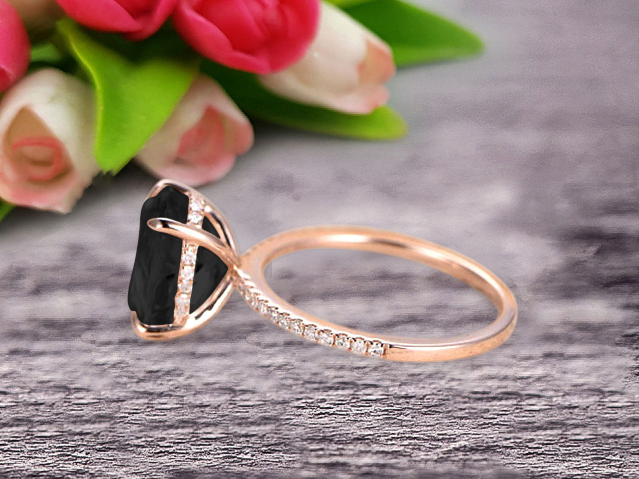 1.50 Carat Oval Cut Black Diamond Moissanite Engagement Ring - 10K Rose Gold Halo Bridal Wedding Ring with Bottom Diamonds | Anniversary Gift for Her, Proposal Jewelry, Valentine's Day Present, Luxury Bridal Set for Special Occasions
