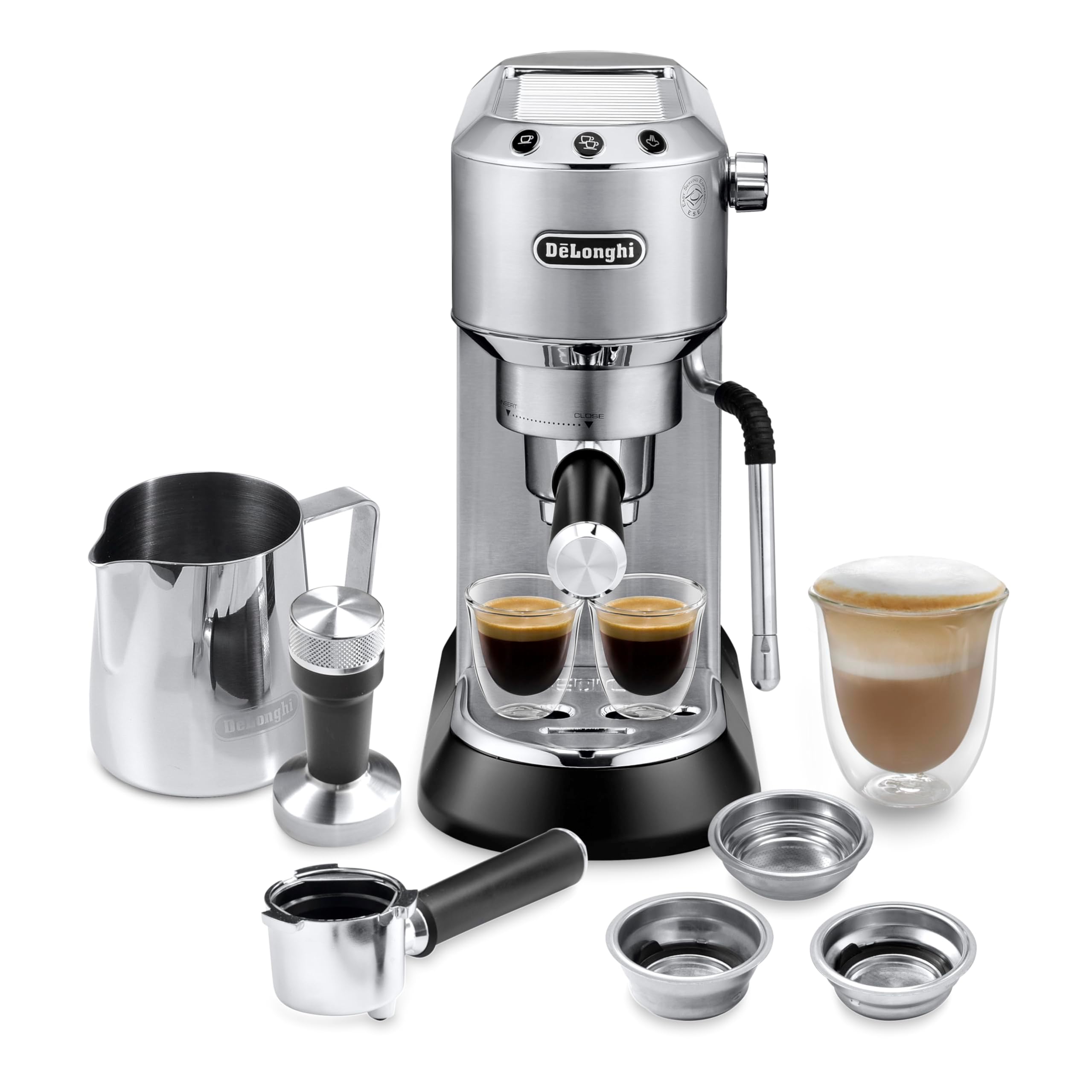 De'Longhi Dedica Arte Espresso Machine with Manual Milk Frother - 15 Bar Pump for Espresso, Cappuccino & Latte - 35oz Removable Water Tank - Compact Design for Home & Office Use - Silver (EC885M)