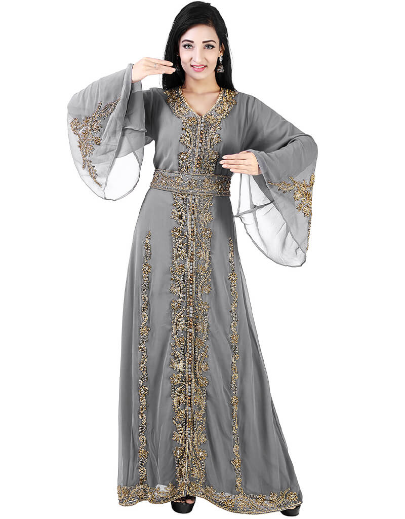 Elegant Arabic Grey Georgette Kaftan with Pearl Embroidery - Perfect for Weddings, Parties & Special Occasions