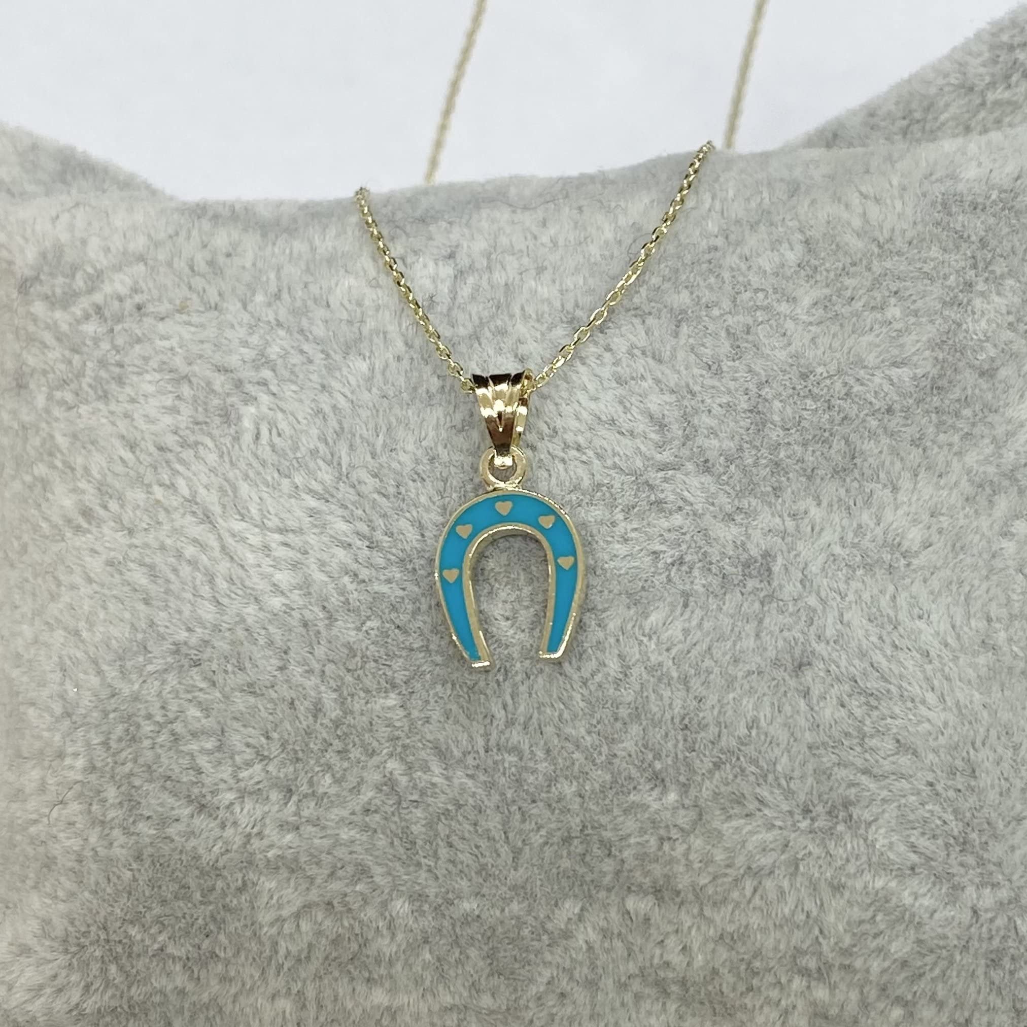 14K Solid Gold Horseshoe Necklace for Women - Lucky Charm Jewelry with Turquoise Hearts, Perfect Birthday & Christmas Gift for Her