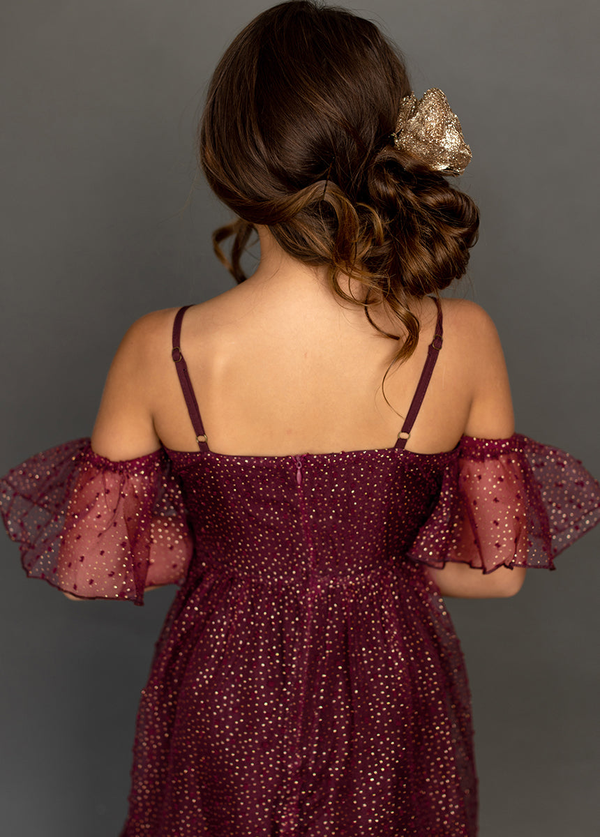 Chloe Burgundy Polka Dot Dress for Women - Elegant Floral Print Party Dress for Evening, Wedding, and Special Occasions