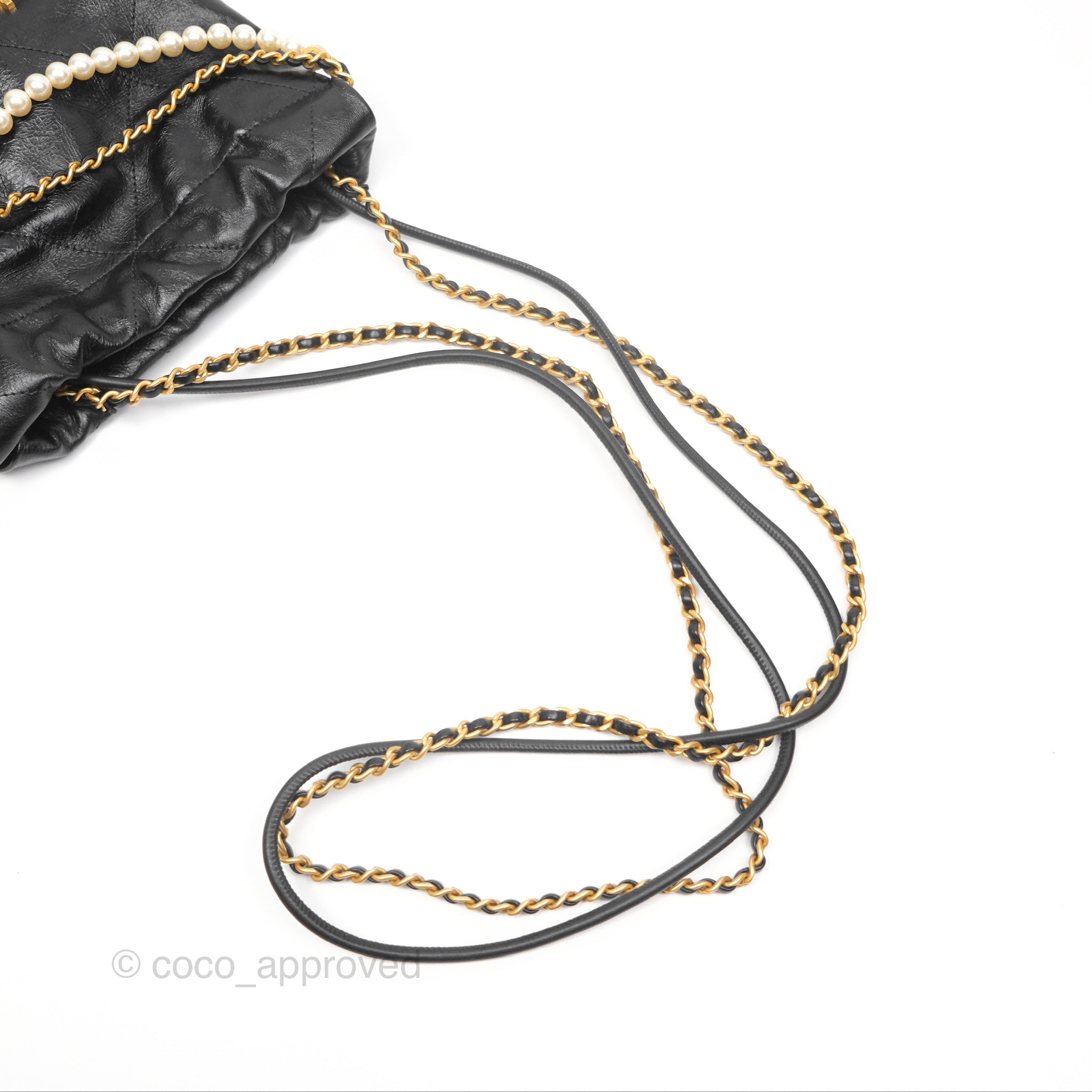 Chanel 22 Quilted Logo Mini Bag with Pearl Chain - Black Shiny Crumpled Calfskin Crossbody Purse for Women | Luxury Designer Handbag for Evening Parties, Date Nights & Special Occasions