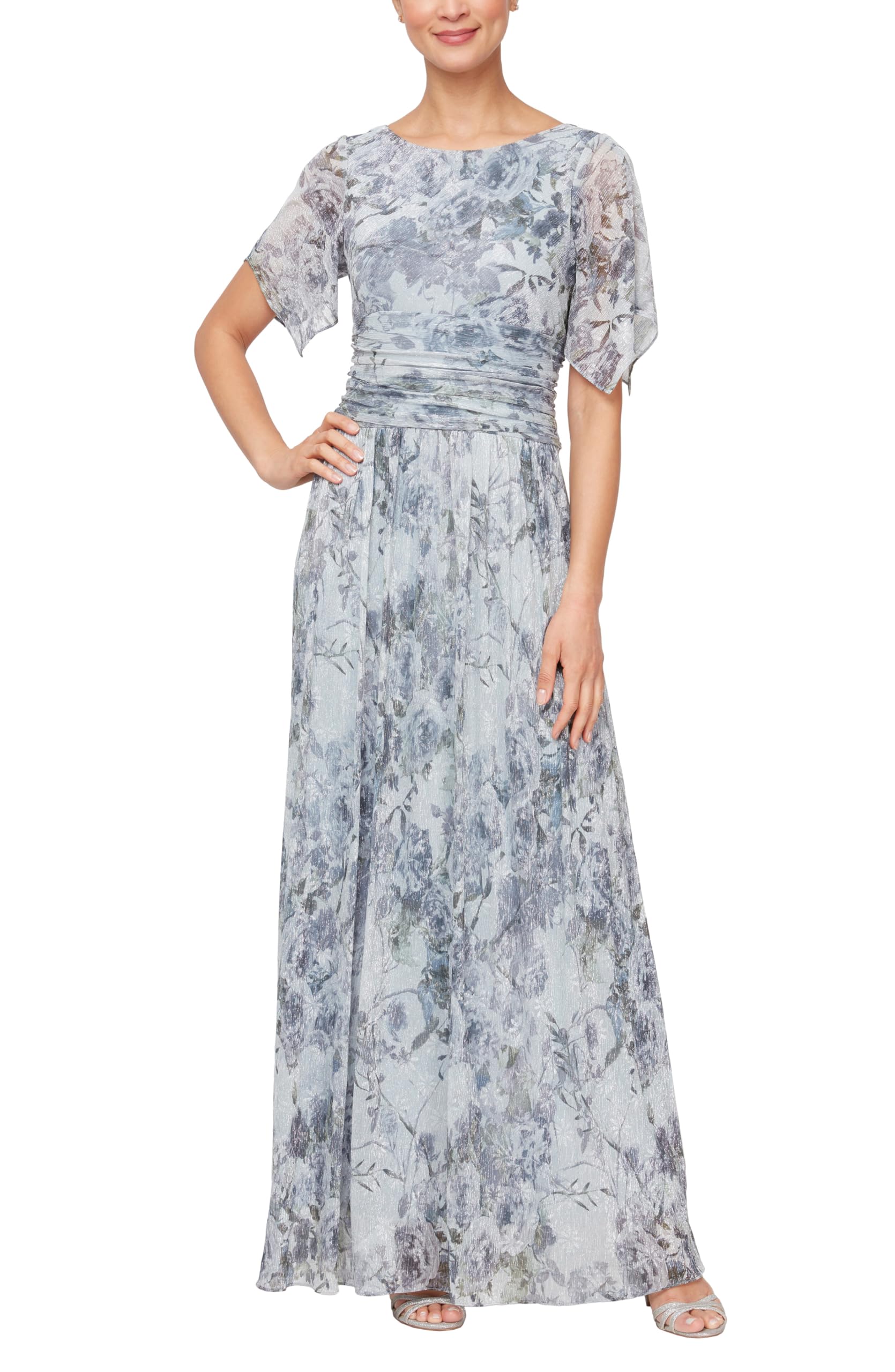 S.L. Fashions Women's Elegant Long A-line Gown with Flutter Sleeves & Ruched Waist - Wedding Guest Dress, Party Dress, Formal Occasion Dress - Available in Petite & Regular Sizes - Perfect for Weddings, Cocktail Parties, and Evening Events