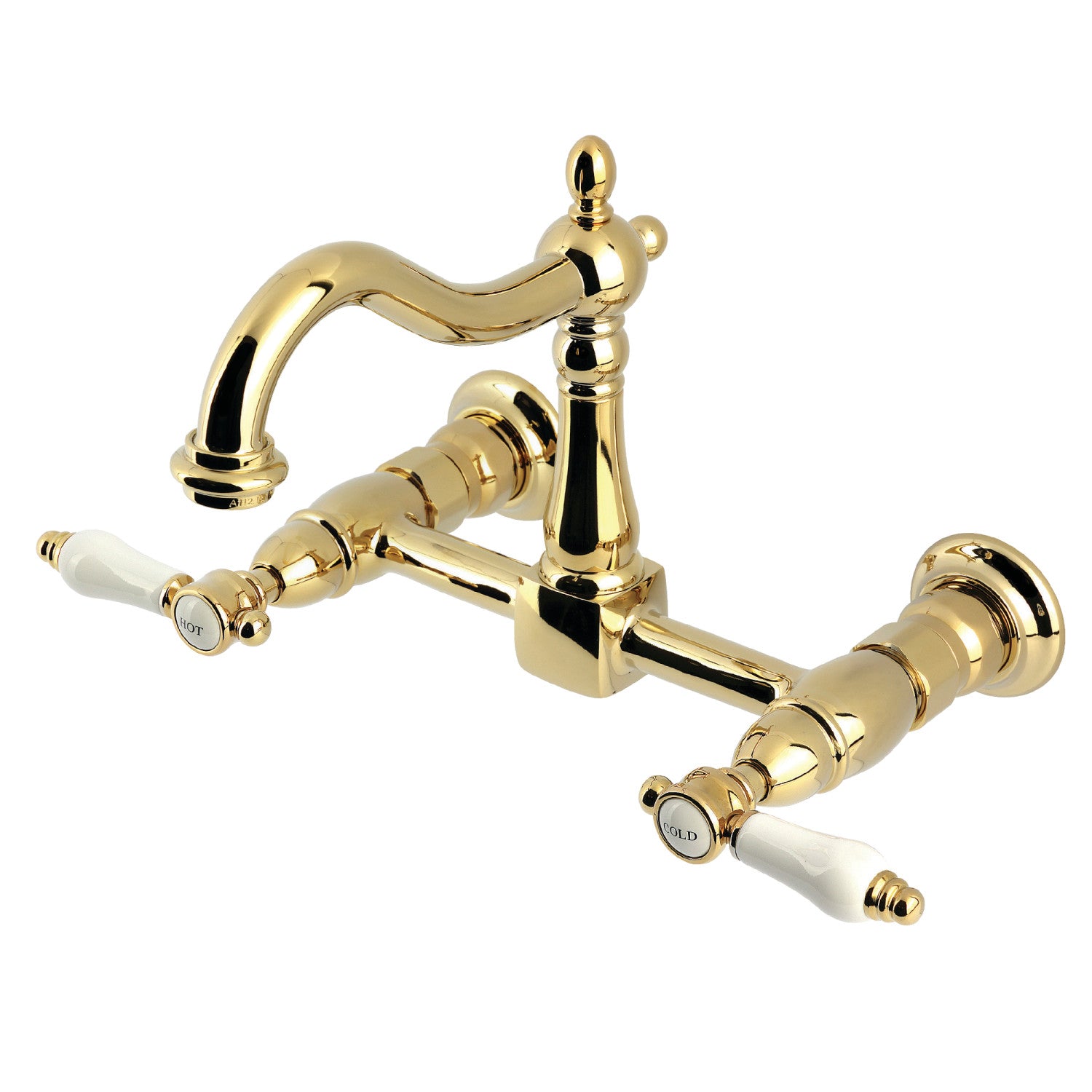 Bel Air KS1262BPL Double Handle Wall Mount Bridge Kitchen Faucet - Polished Brass Finish, 2 Hole Installation, Ideal for Farmhouse & Vintage Style Kitchens
