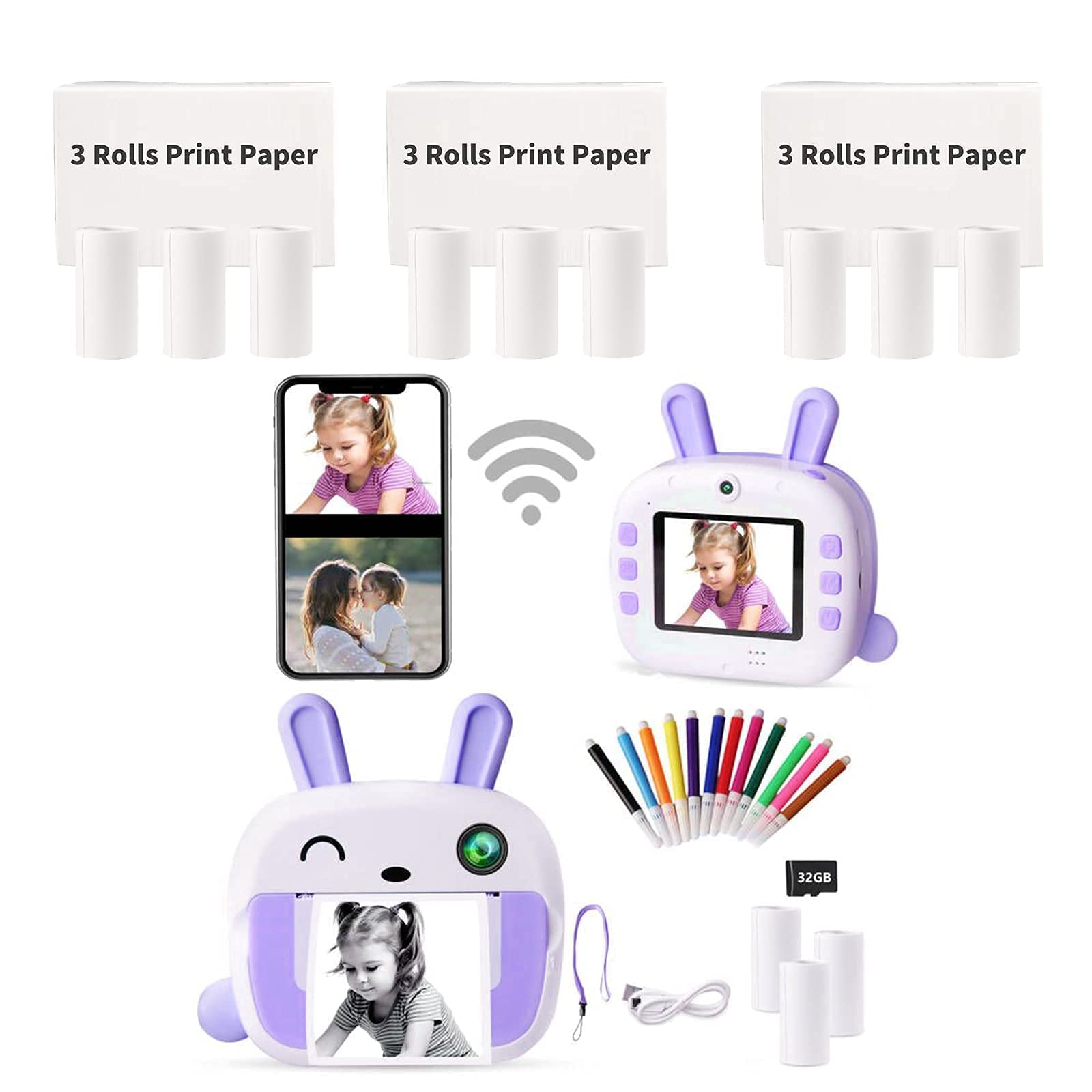 Instant Print Camera for Kids with 12 Rolls Print Paper - WiFi Enabled Portable Digital Camera for Birthday Gifts & Travel Memories | Perfect for Parties, Vacations & Family Fun