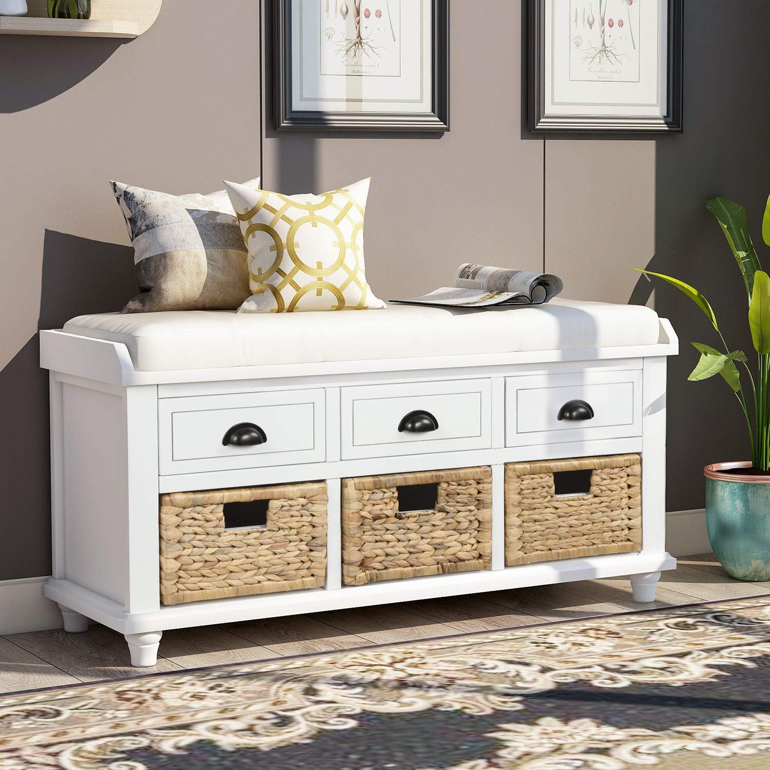 Rustic Entryway Storage Bench with Drawers & Baskets - for Shoes & Living Room