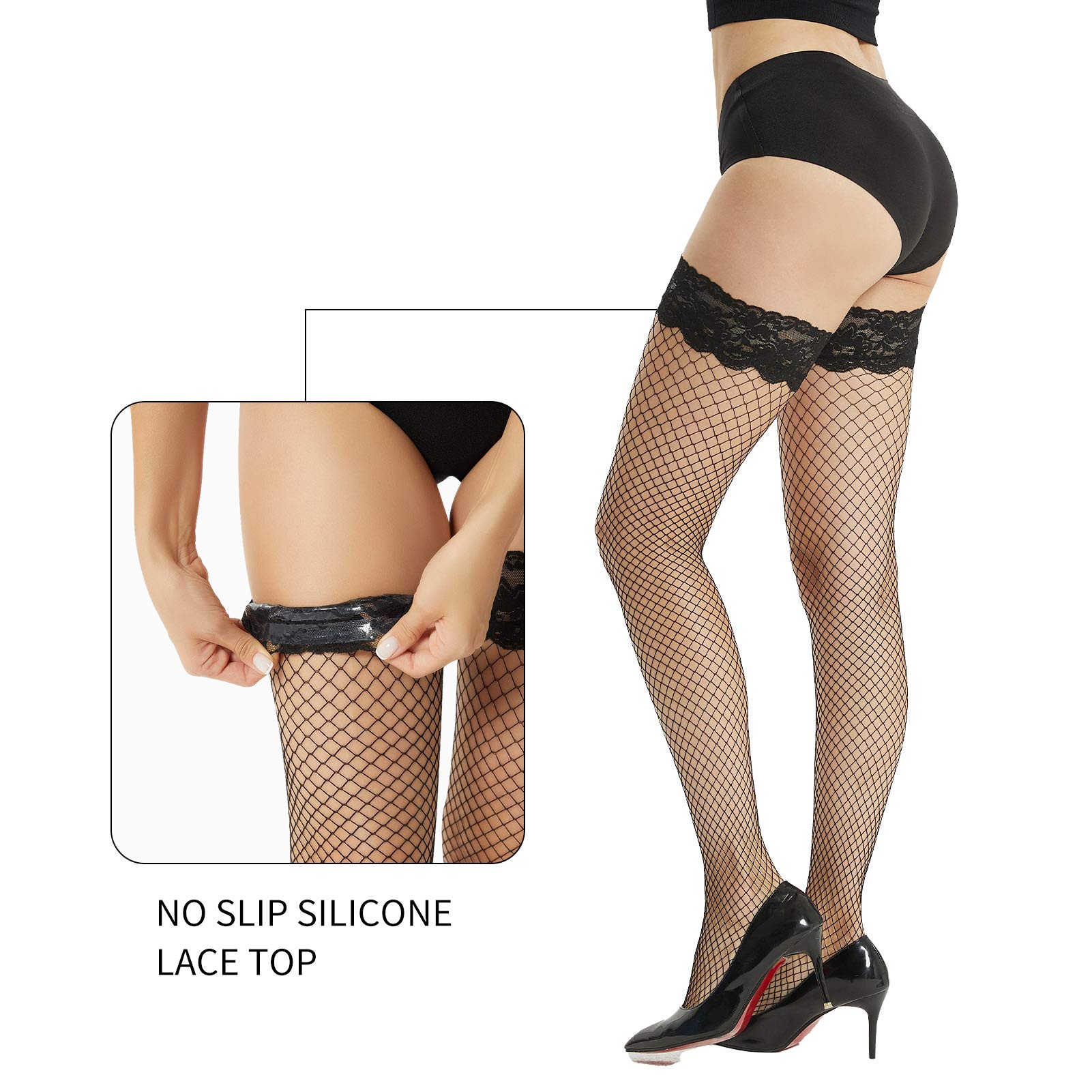 MANZI Women's Fishnet Thigh High Stockings with Silicone Lace Top - Sexy Knee High Socks for Cosplay, Halloween, and Night Out