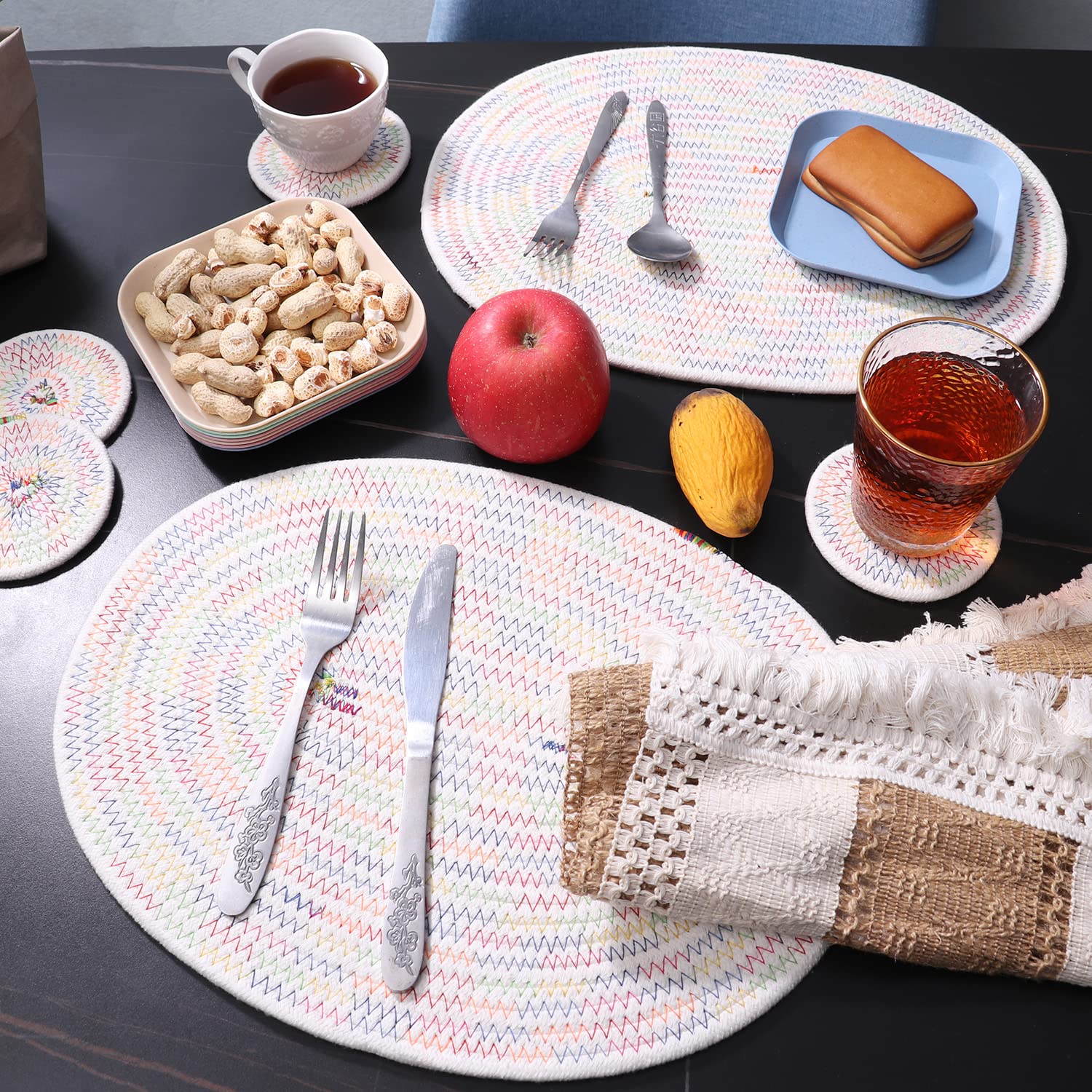 4-Pack Cotton Woven Oval Placemats with Round Coasters - Heat Resistant Braided Table Mats for Dining, Kitchen & Rustic Home Decor | Perfect for Dinner Parties, Daily Use & Holiday Table Settings
