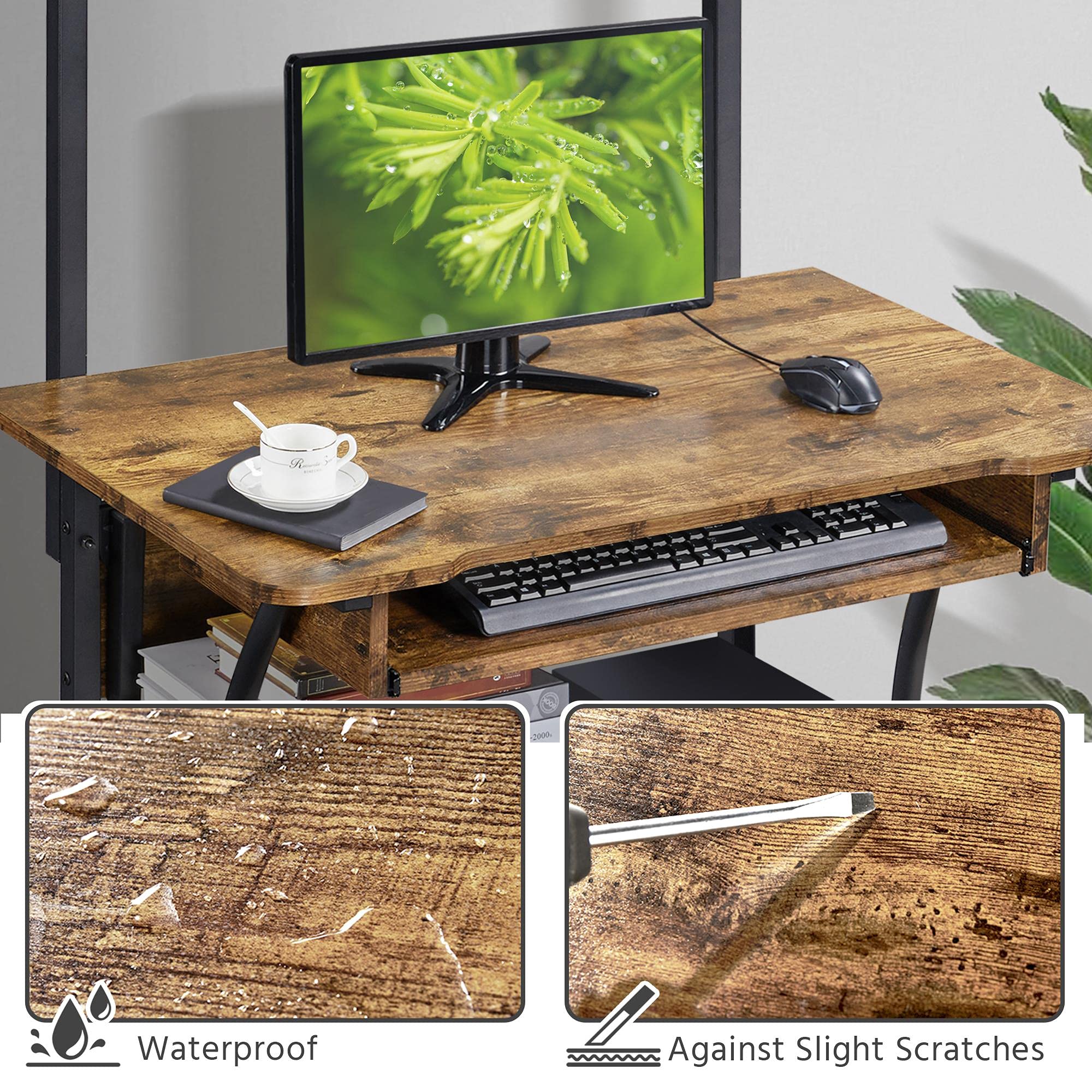 Yaheetech 3-Tier Rolling Computer Desk with Keyboard Tray & Printer Shelf - Compact Mobile Workstation for Home Office, Small Spaces & Gaming Setup - Rustic Brown Retro Style PC Laptop Desk for Work, Study & Creative Projects